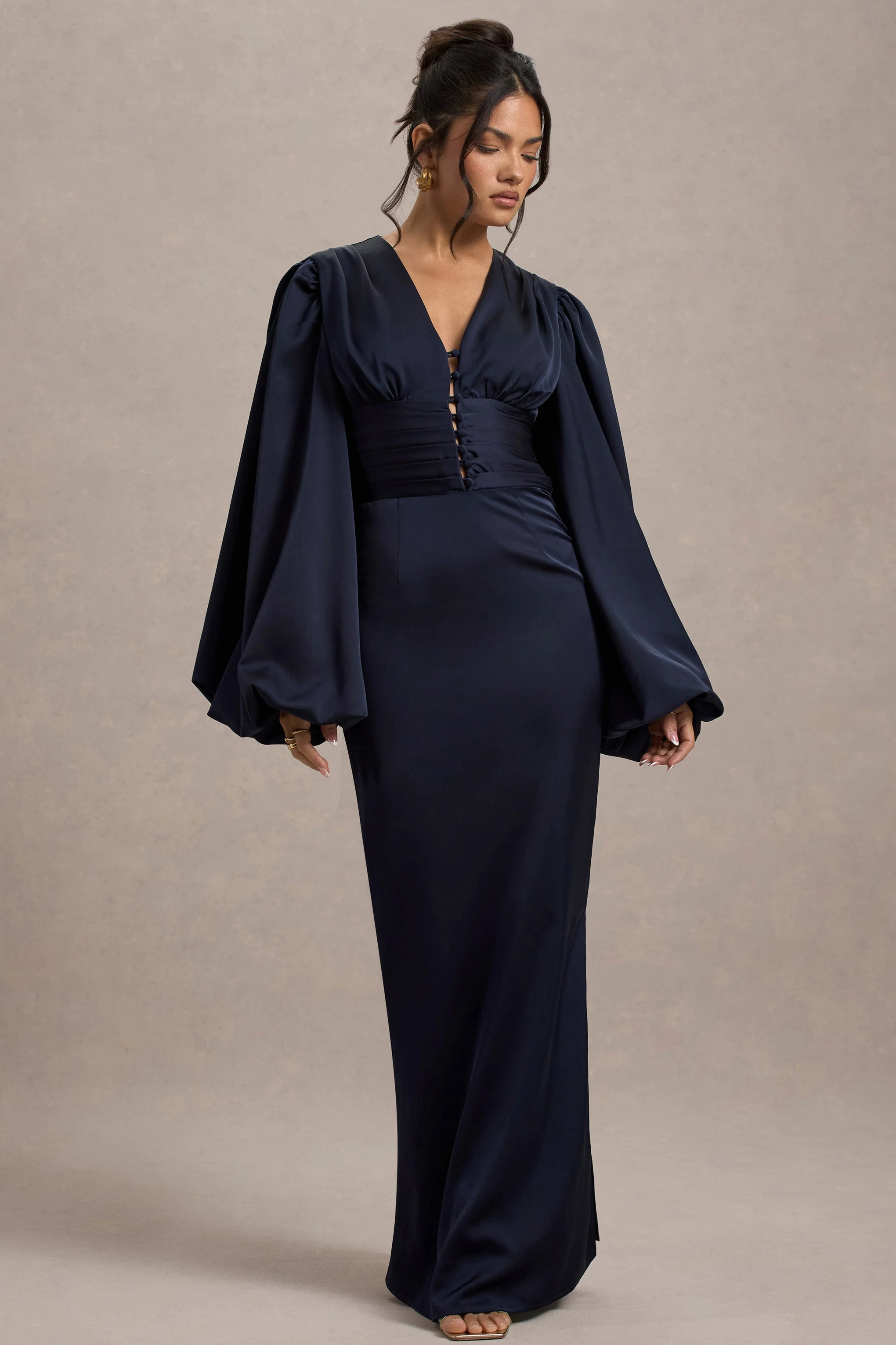 Navy Satin V-Neck Balloon Sleeve Maxi Dress