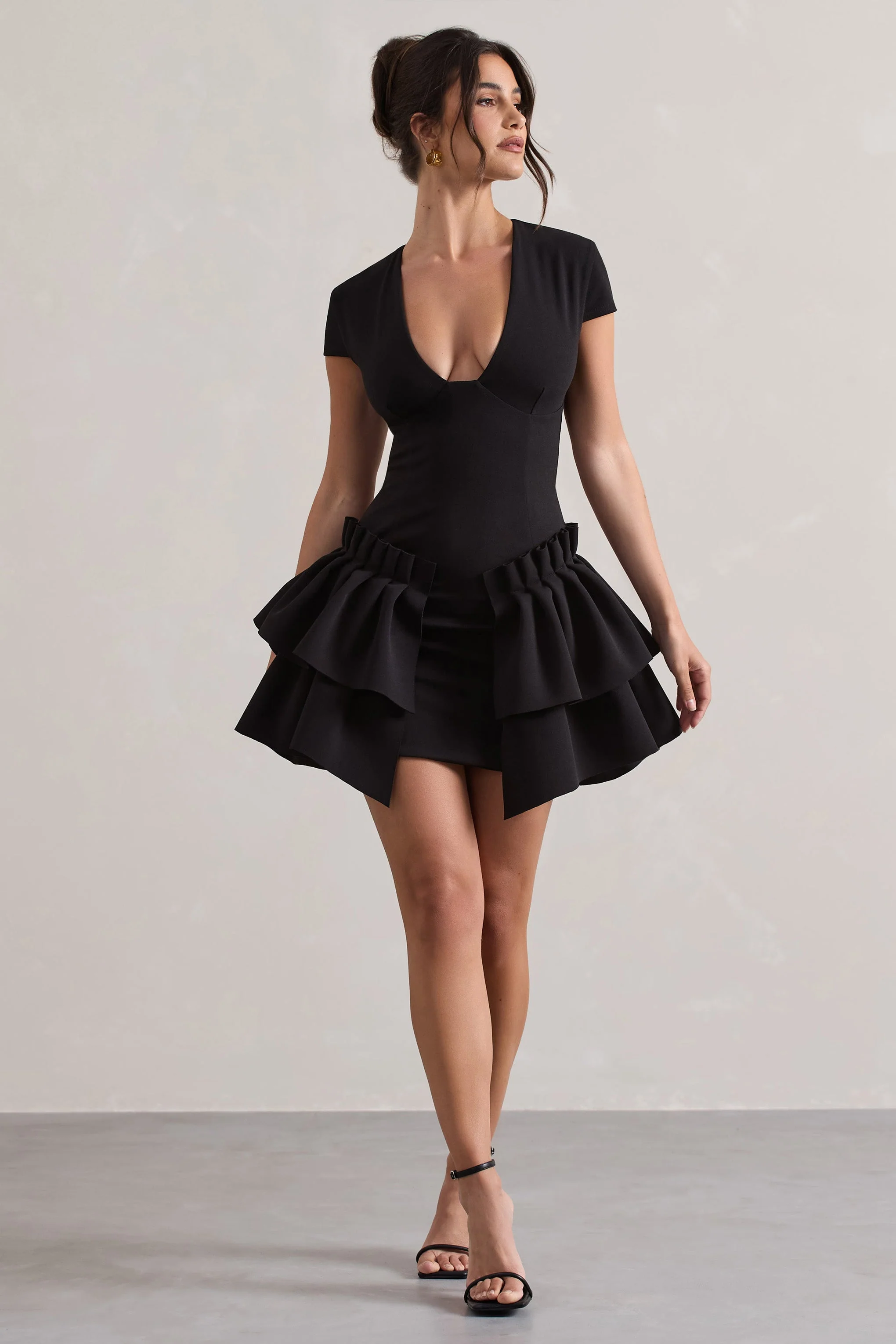 Black Plunge-Neck Mini Dress With Layered Hem