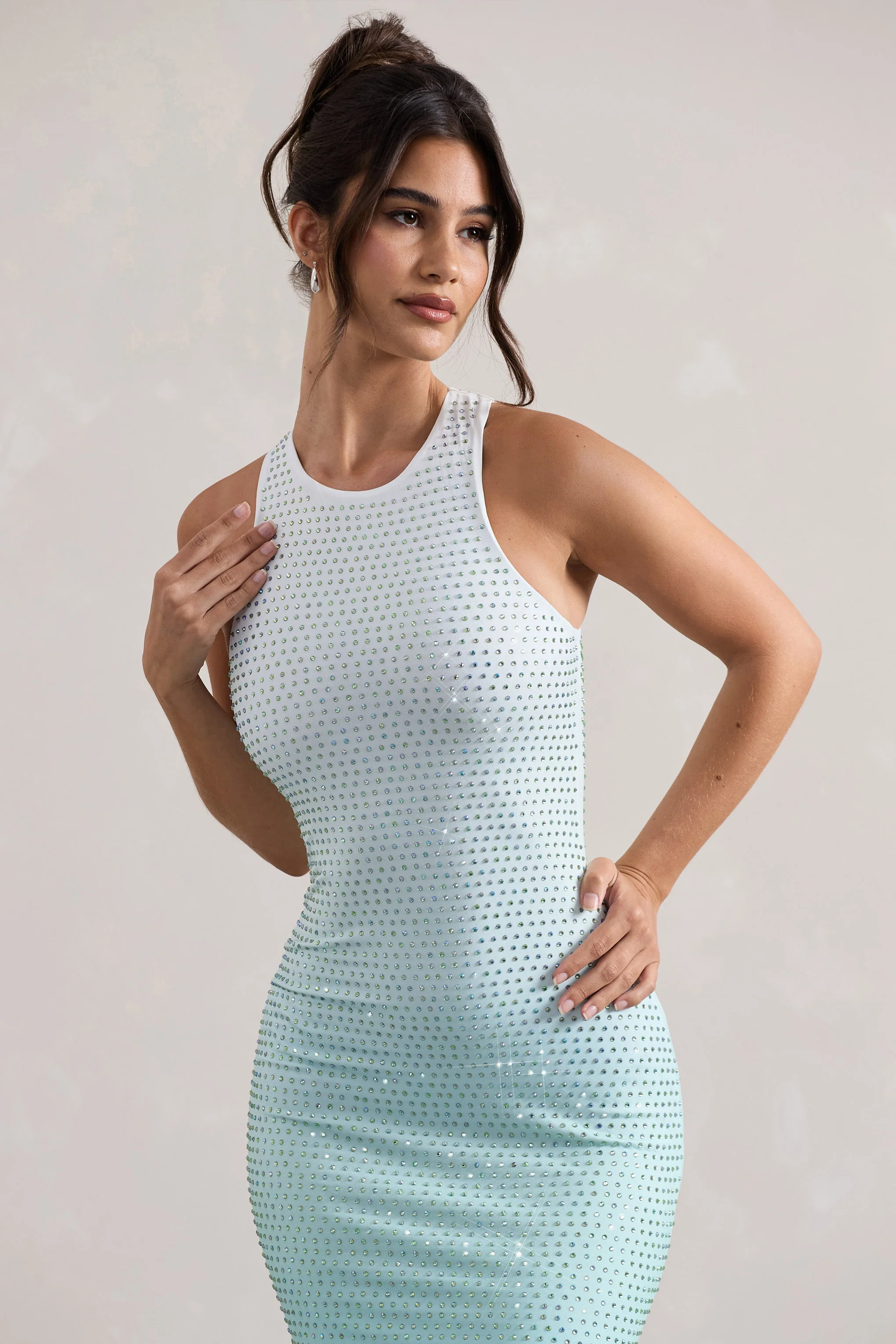 Mint Ombre Embellished Racer-Neck Maxi Dress