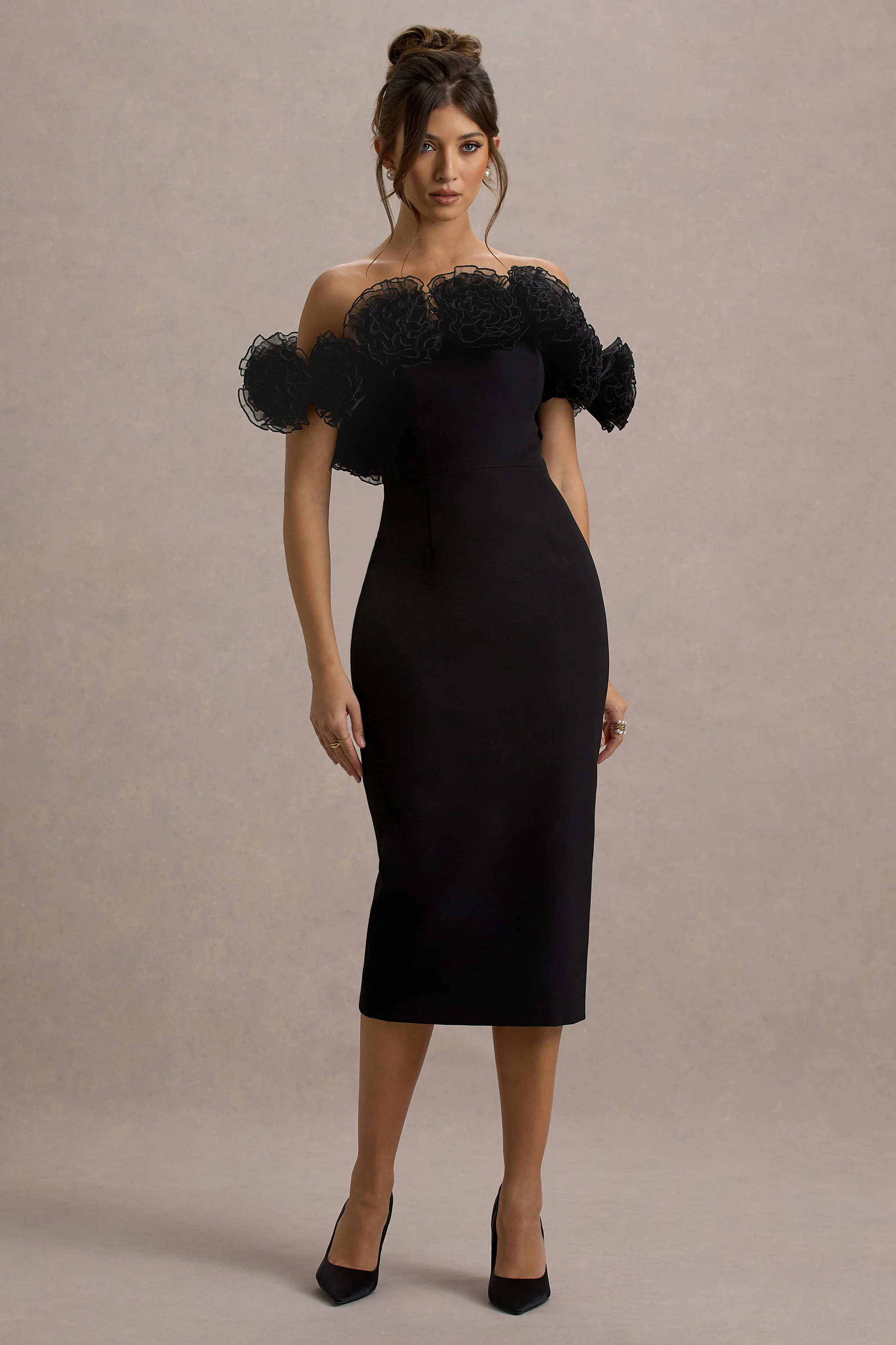 Black Bardot Midi Dress With Ruffle Trim
