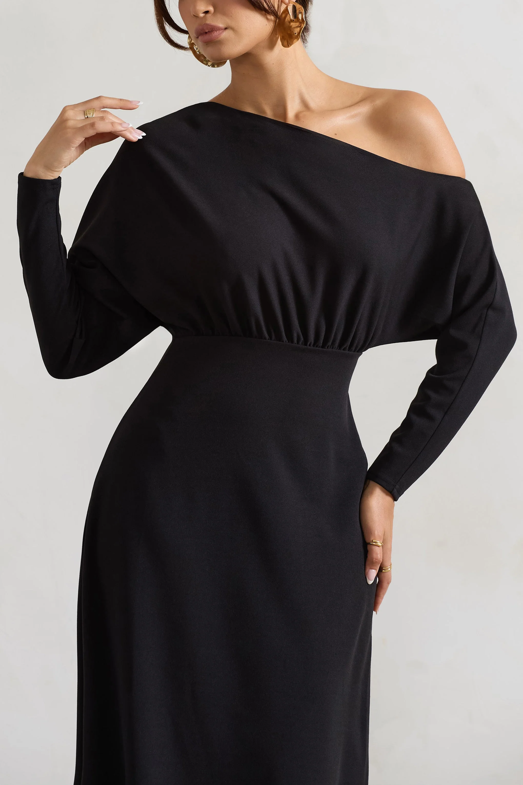 Black Asymmetric Long-Sleeve Maxi Dress