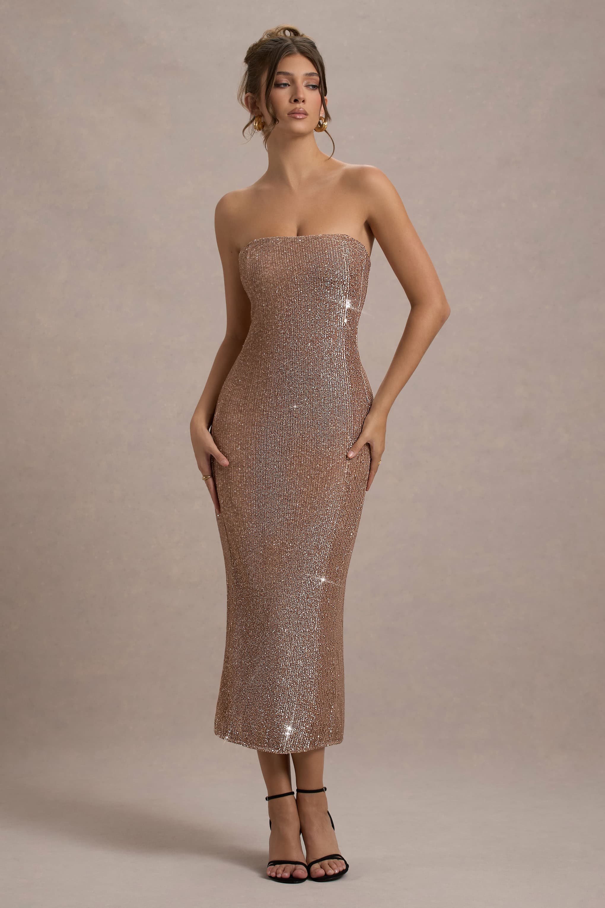 Rose Gold Plisse Sequin Bandeau Midi Dress