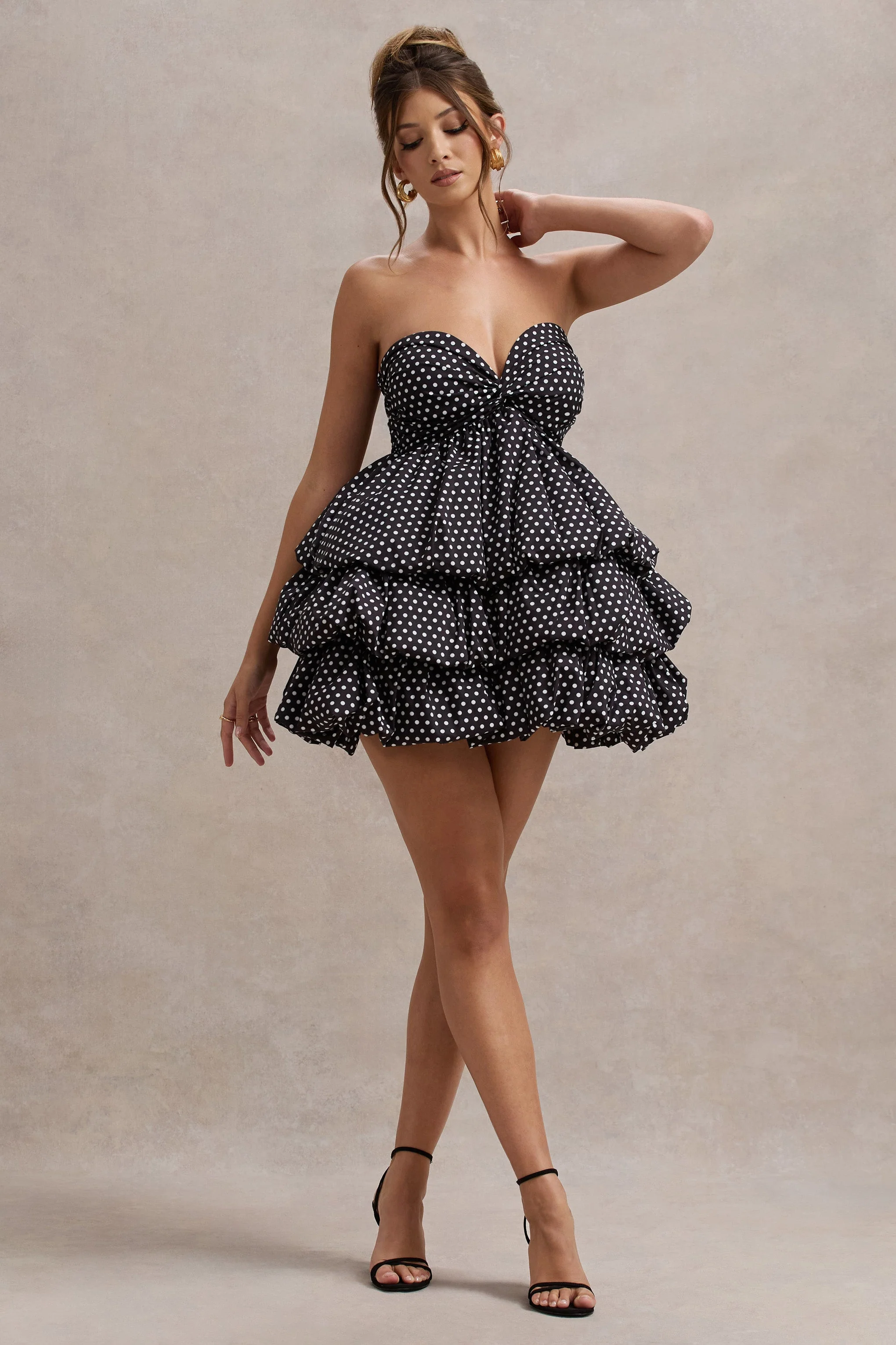 Black Polka Dot Strapless Ruffled Mini Dress