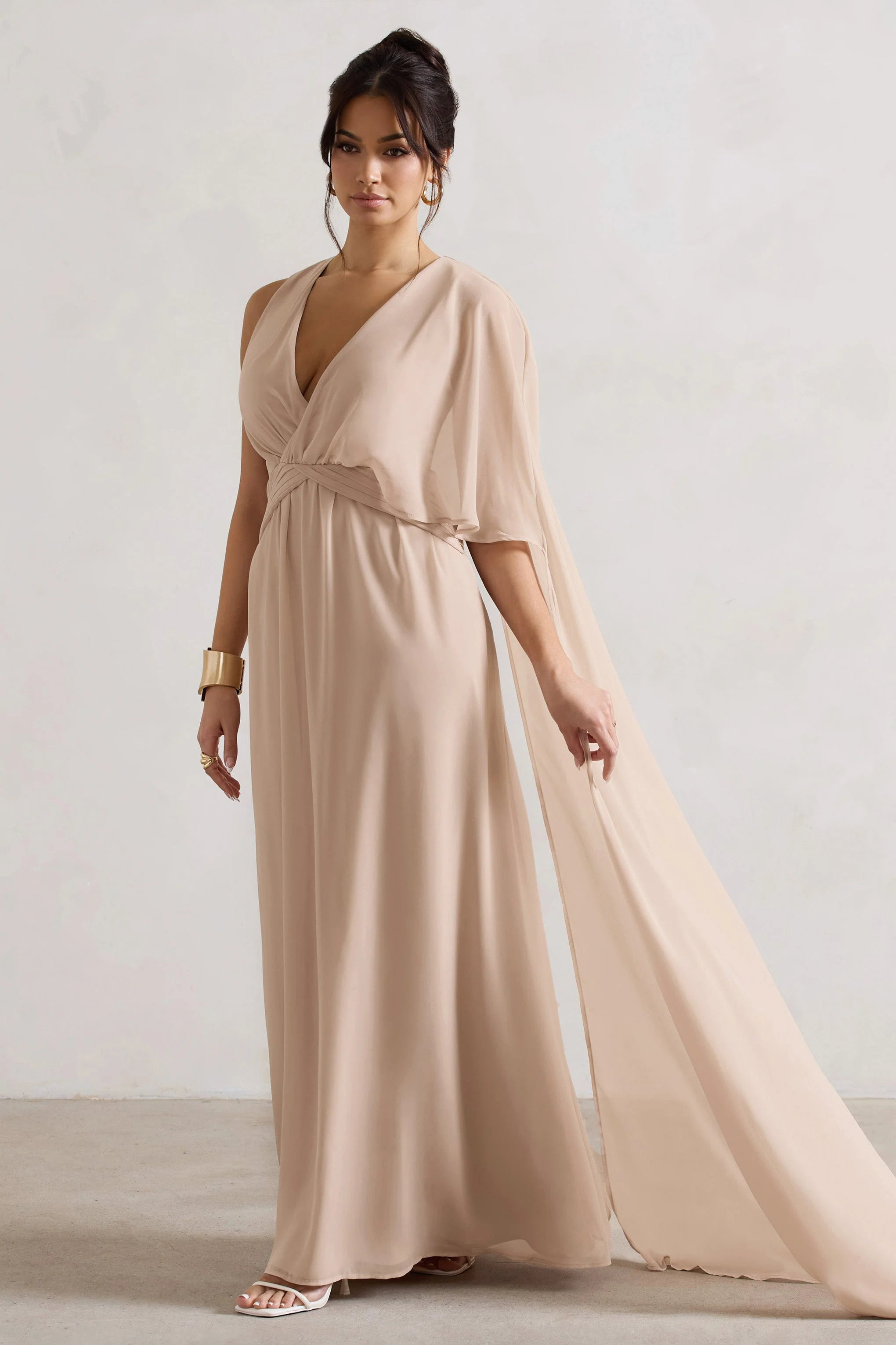 Champagne Plunge-Neck Chiffon Maxi Dress With Cape Sleeve