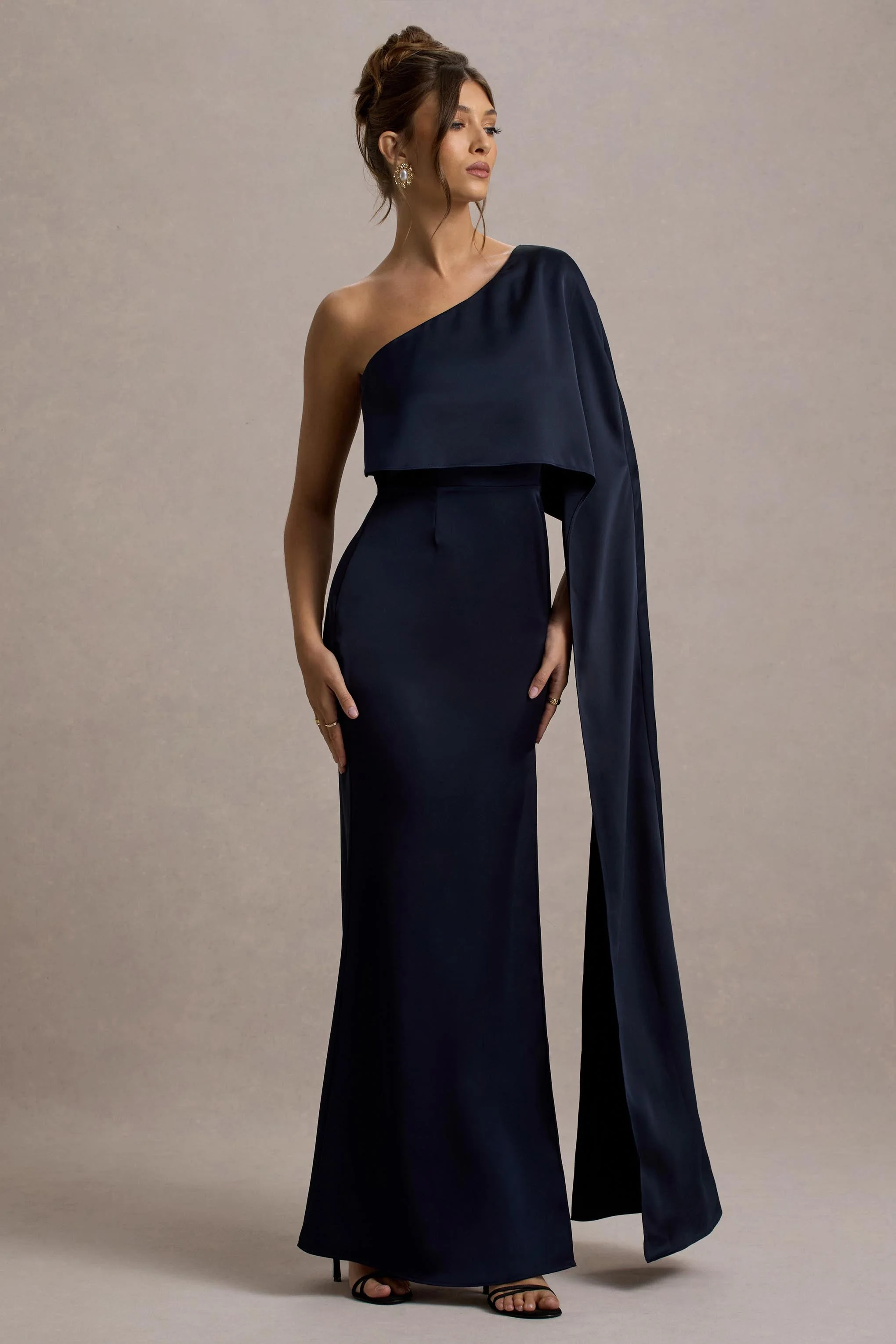 Navy Satin Asymmetric Cape-Sleeve Split Maxi Dress