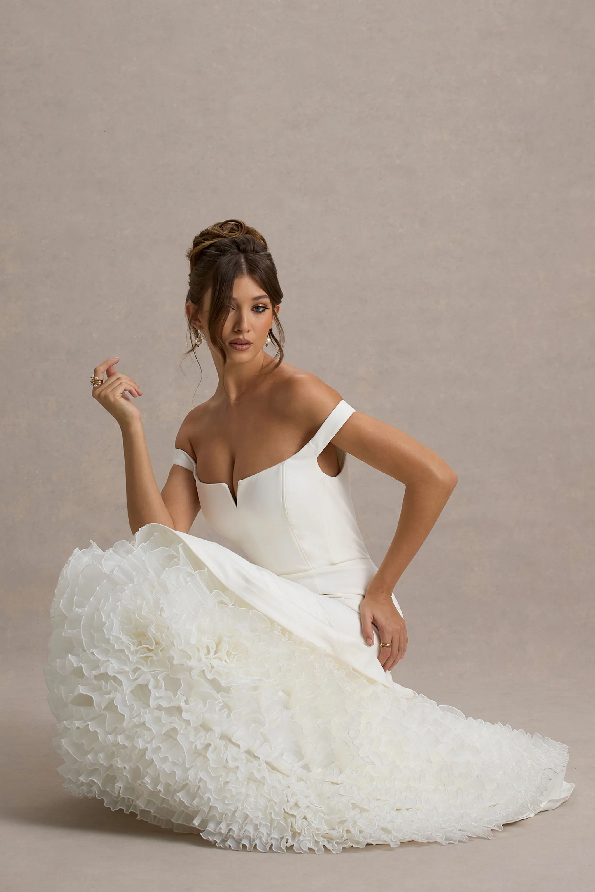 White & Cream Bardot Maxi Dress With Tulle Skirt