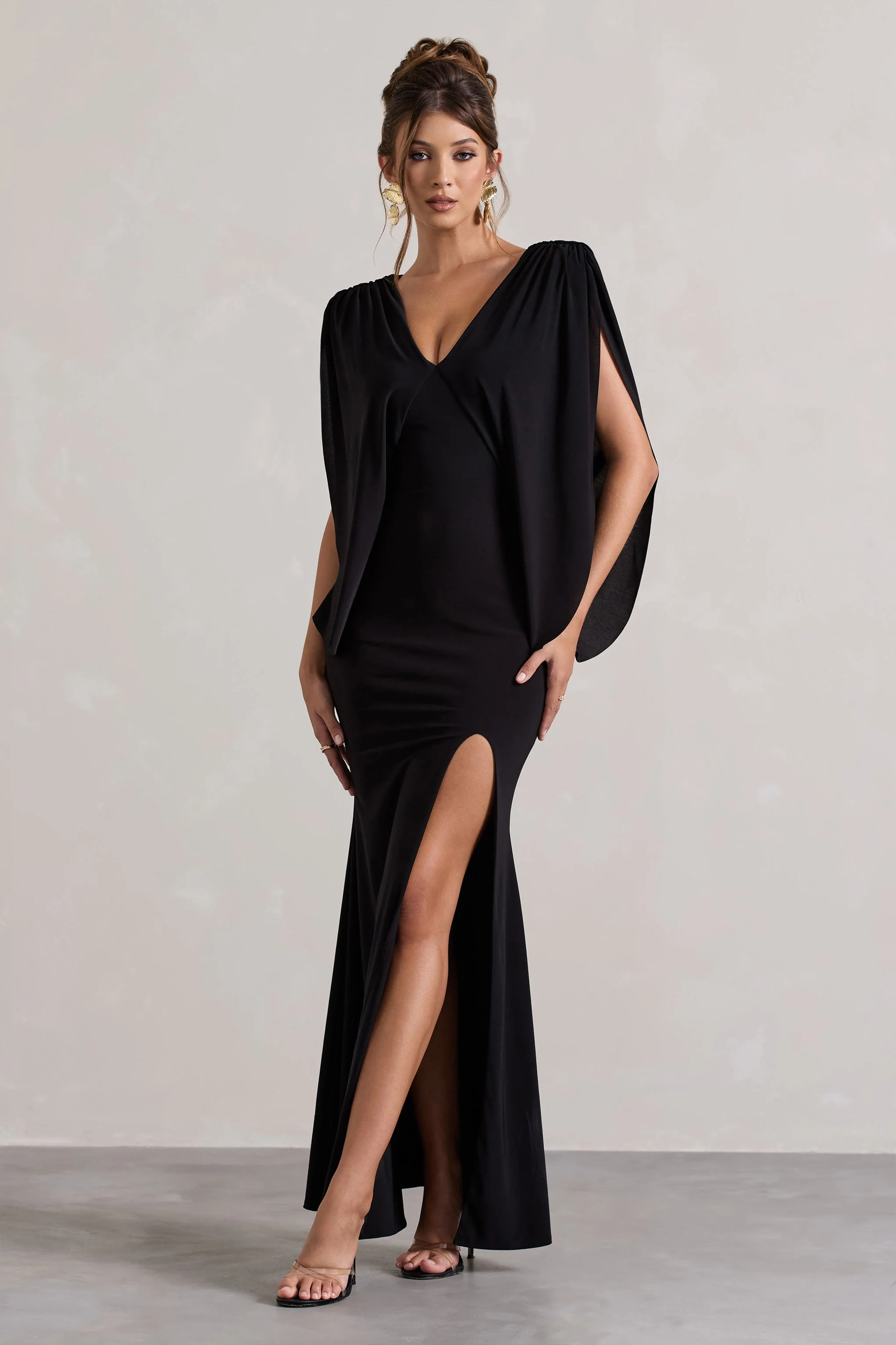 Black V-Neck Cape Sleeve Split Maxi Dress