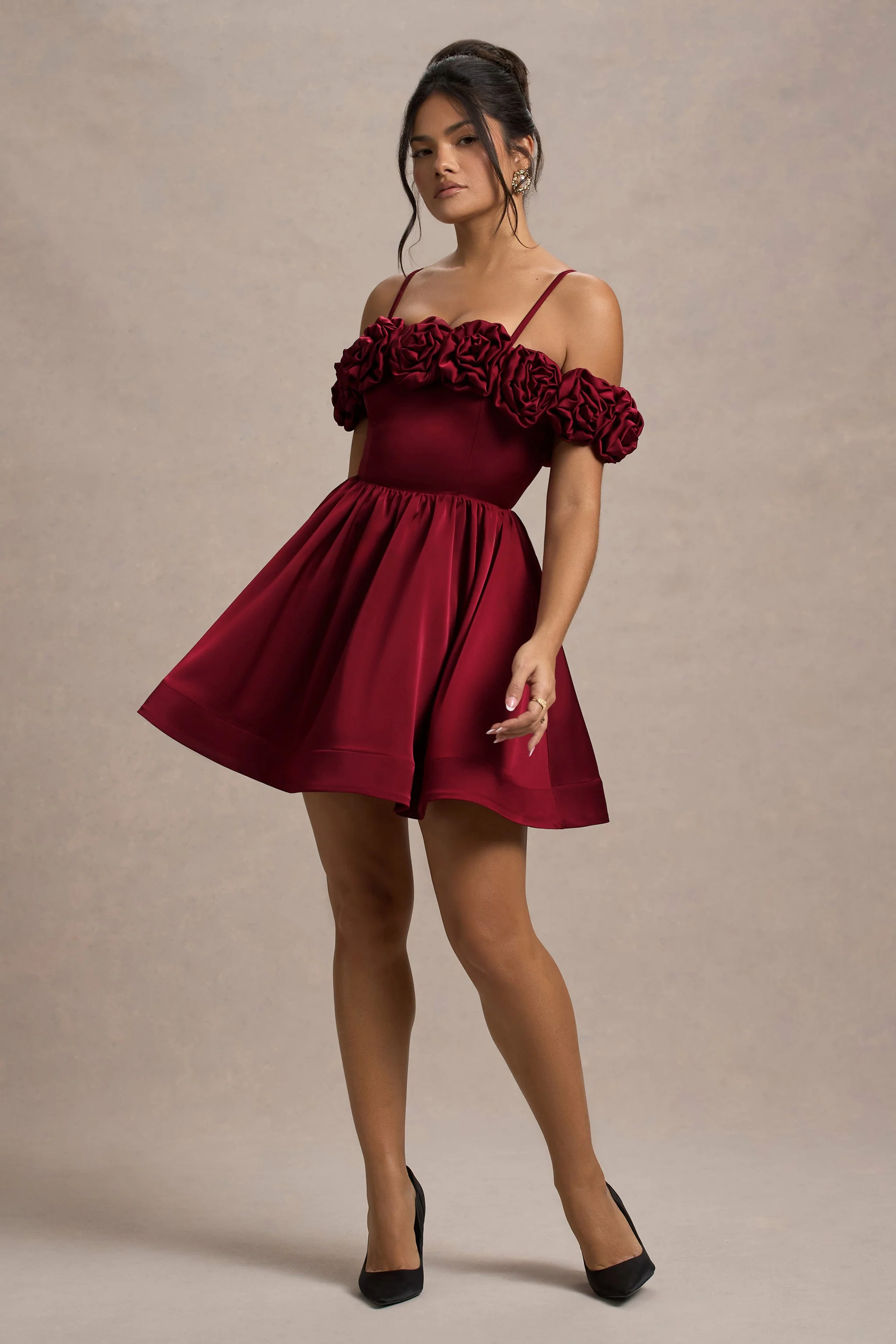 Berry Satin Floral Skater Mini Dress