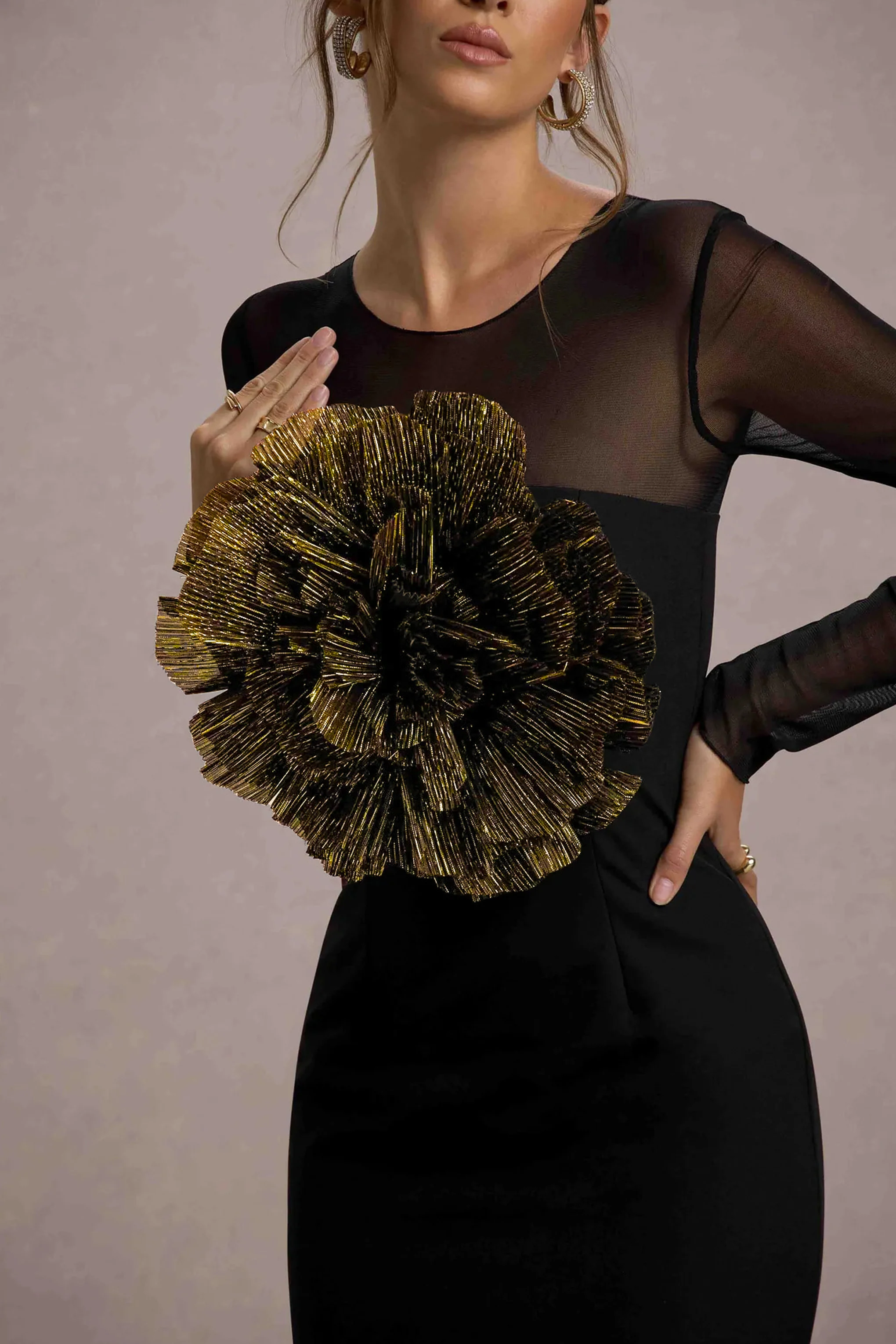 Black Sheer Mini Dress With Corsage Detail