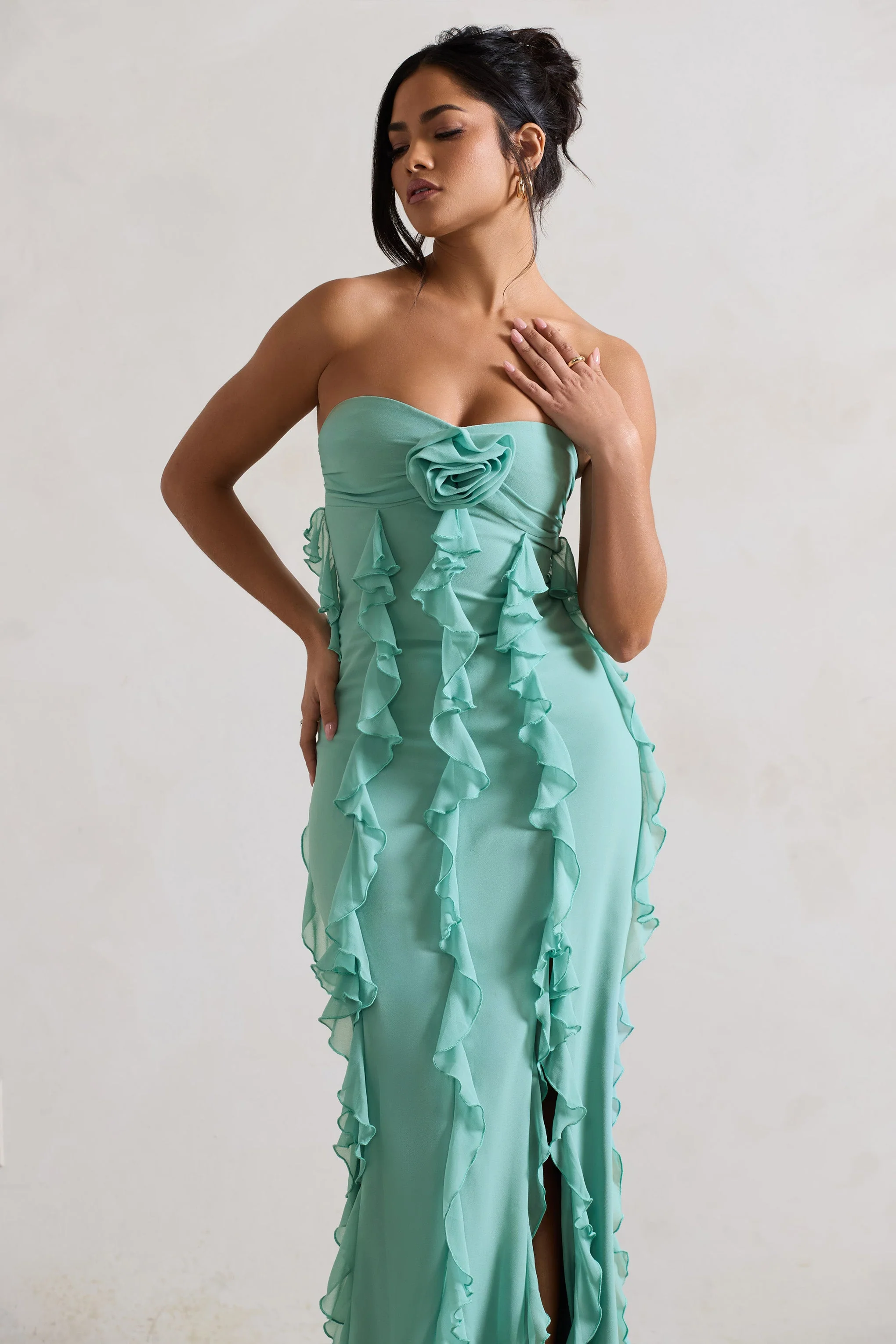 Mint Green Strapless Ruffle Maxi Dress With Corsage