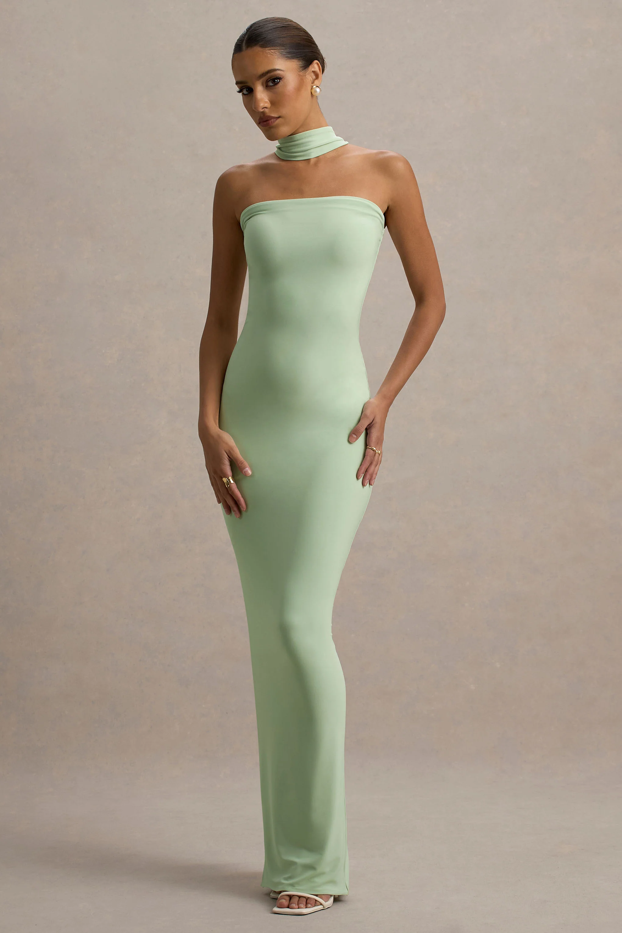 Light Green Bandeau Maxi Dress With Halter-Collar