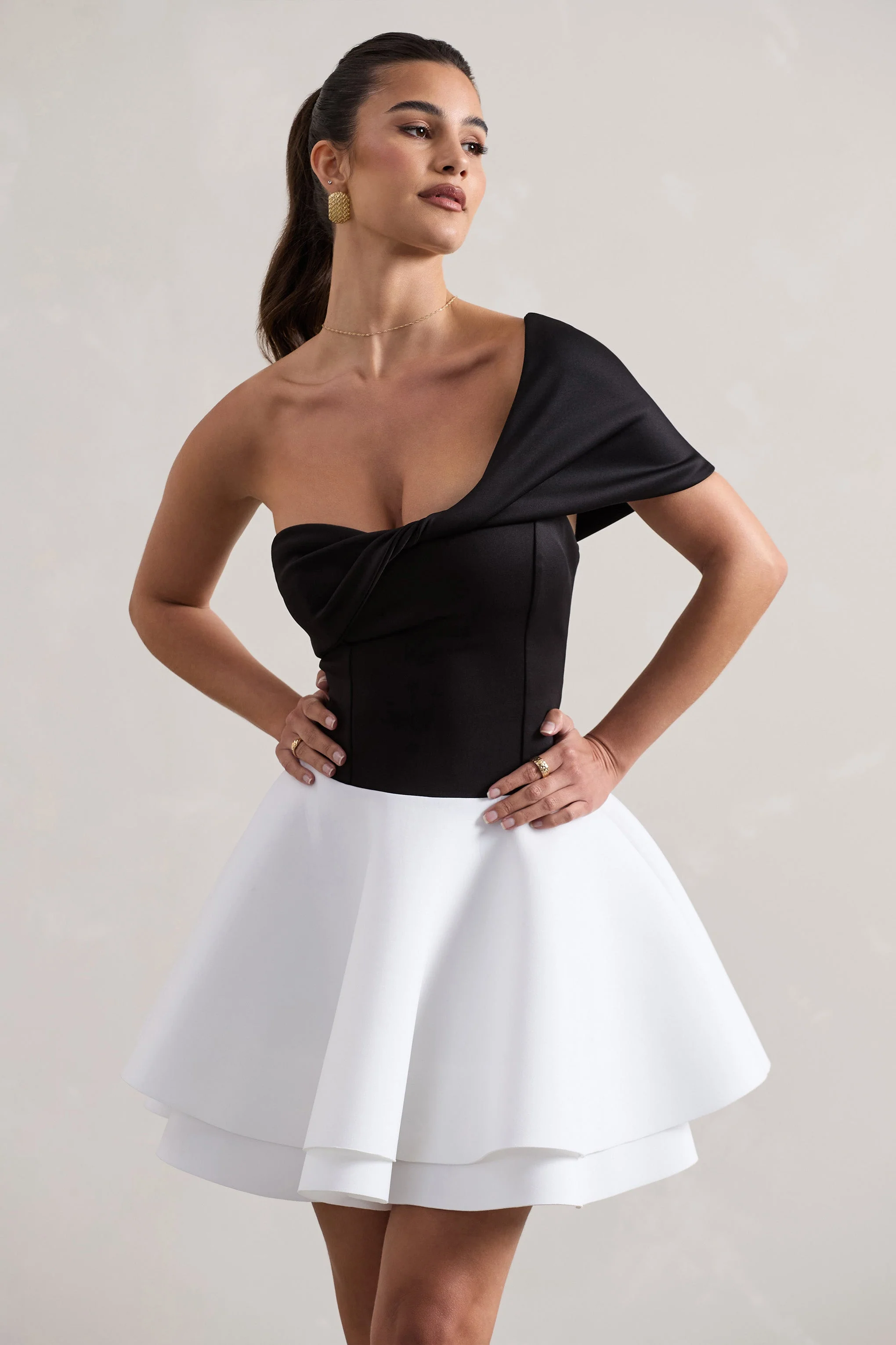 Black & White Twisted Bardot Skater Mini Dress