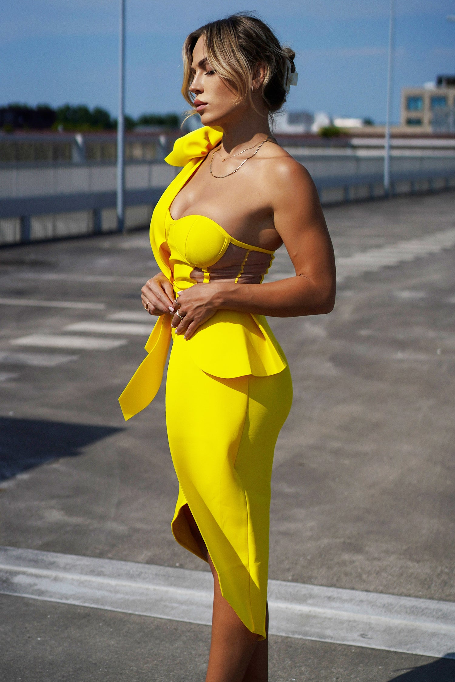 One Shoulder Bandage Cocktail Midi Dress