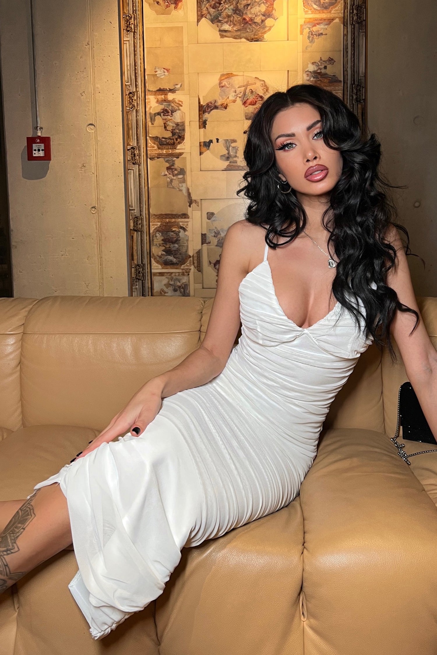 White Mesh Ruched Bodycon Midi Dress