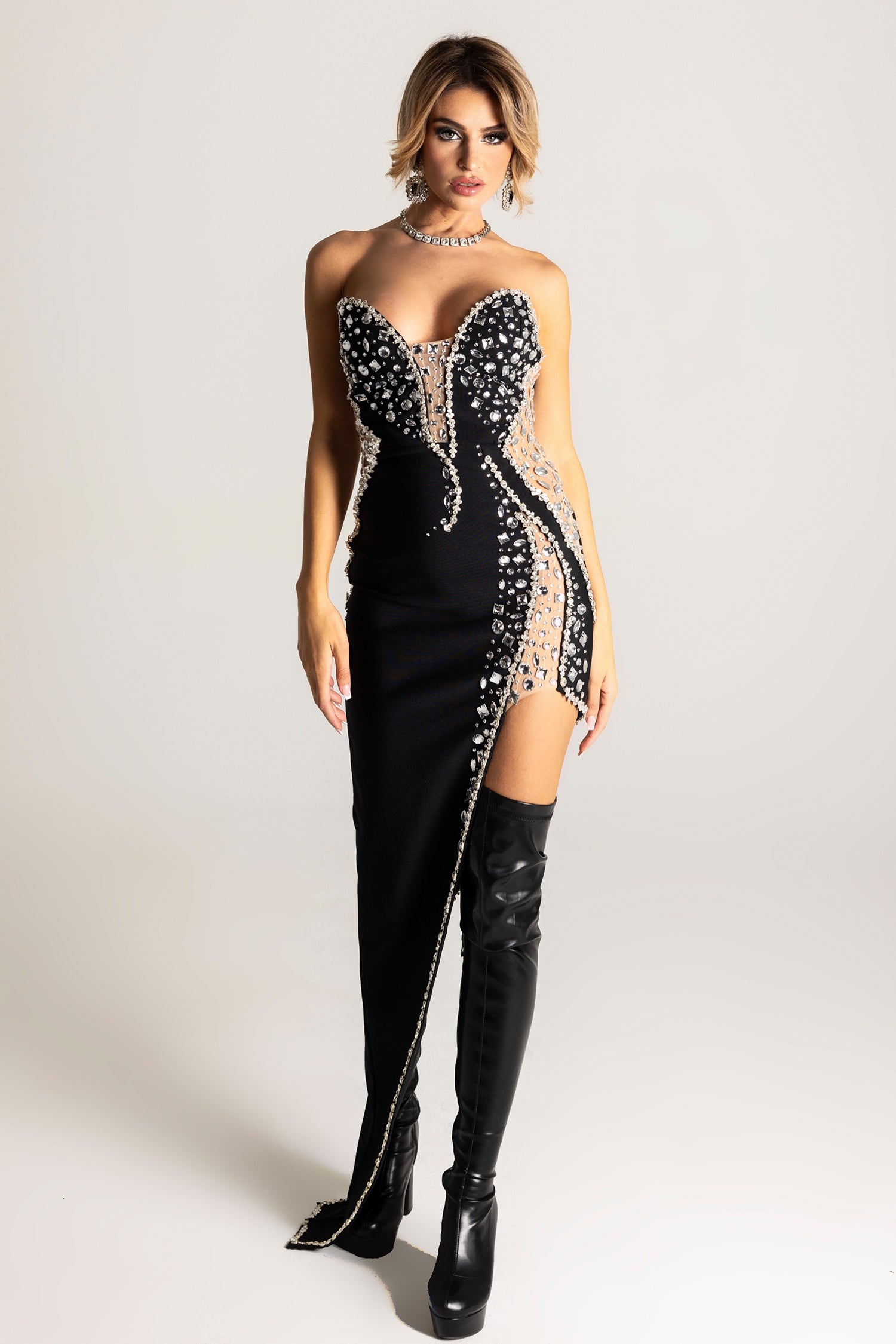 Porsha Diamonate Strapless Maxi Bandage Dress