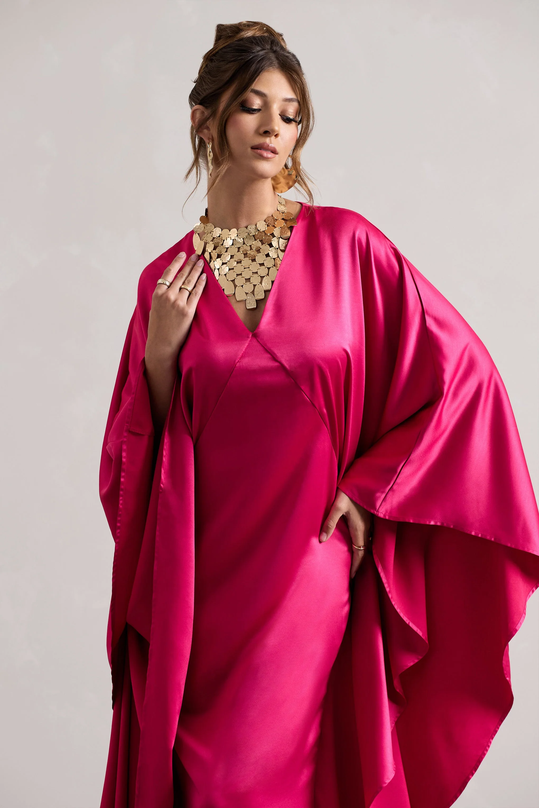 Hot Pink Satin Plunge Cape Maxi Dress