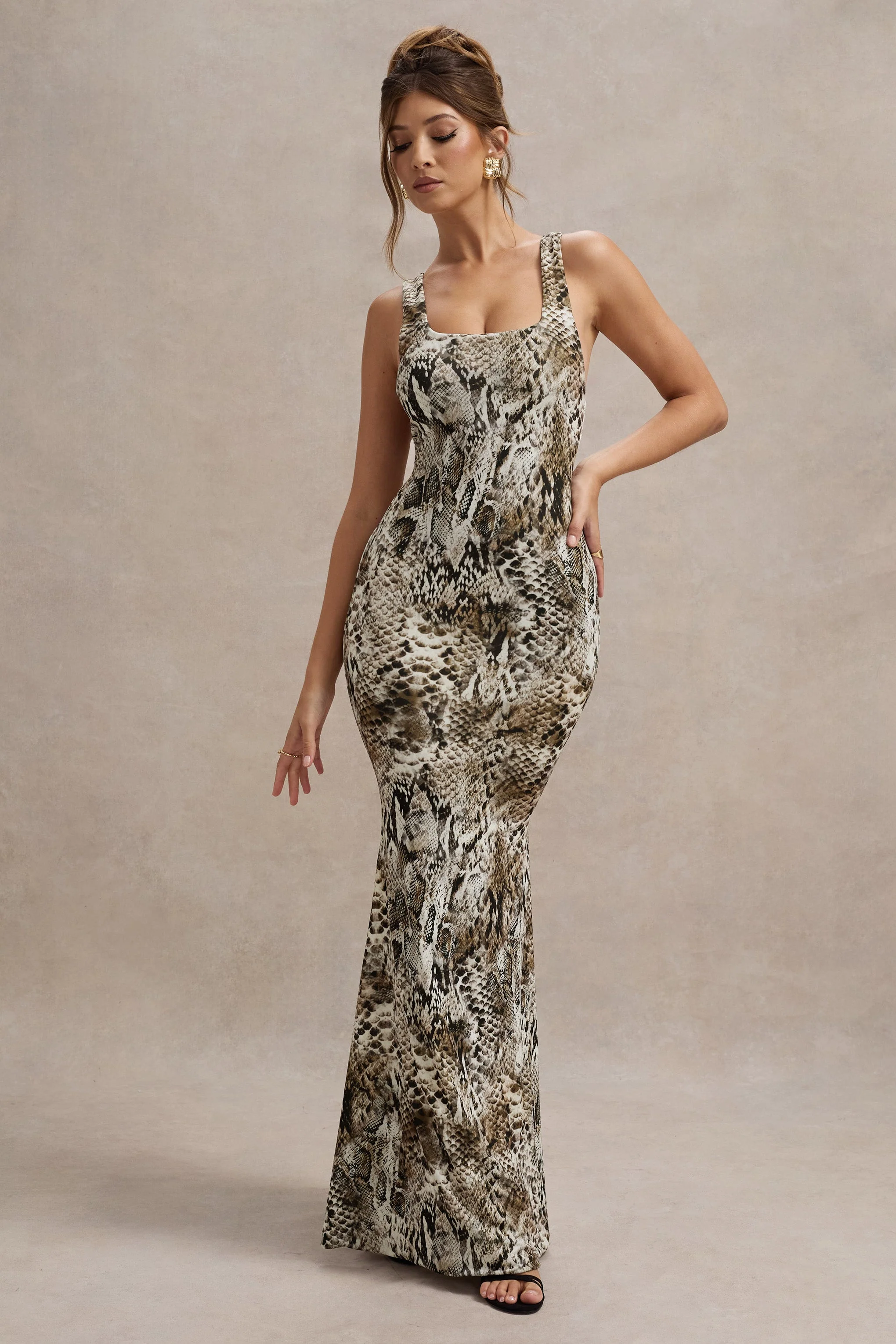 Snake Print Square-Neck Maxi Dress