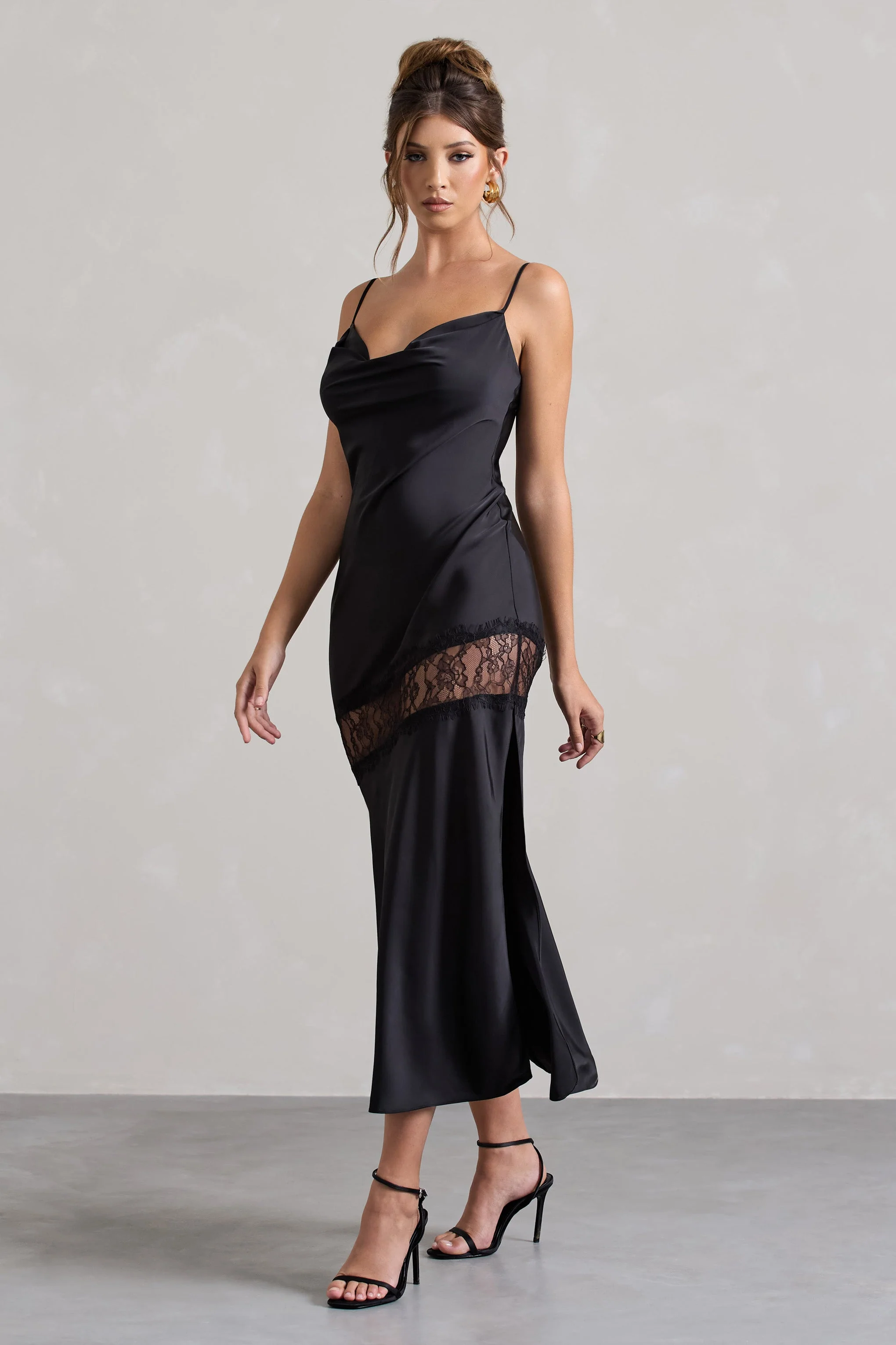 Black Satin Cowl-Neck Lace Trim Maxi Dress