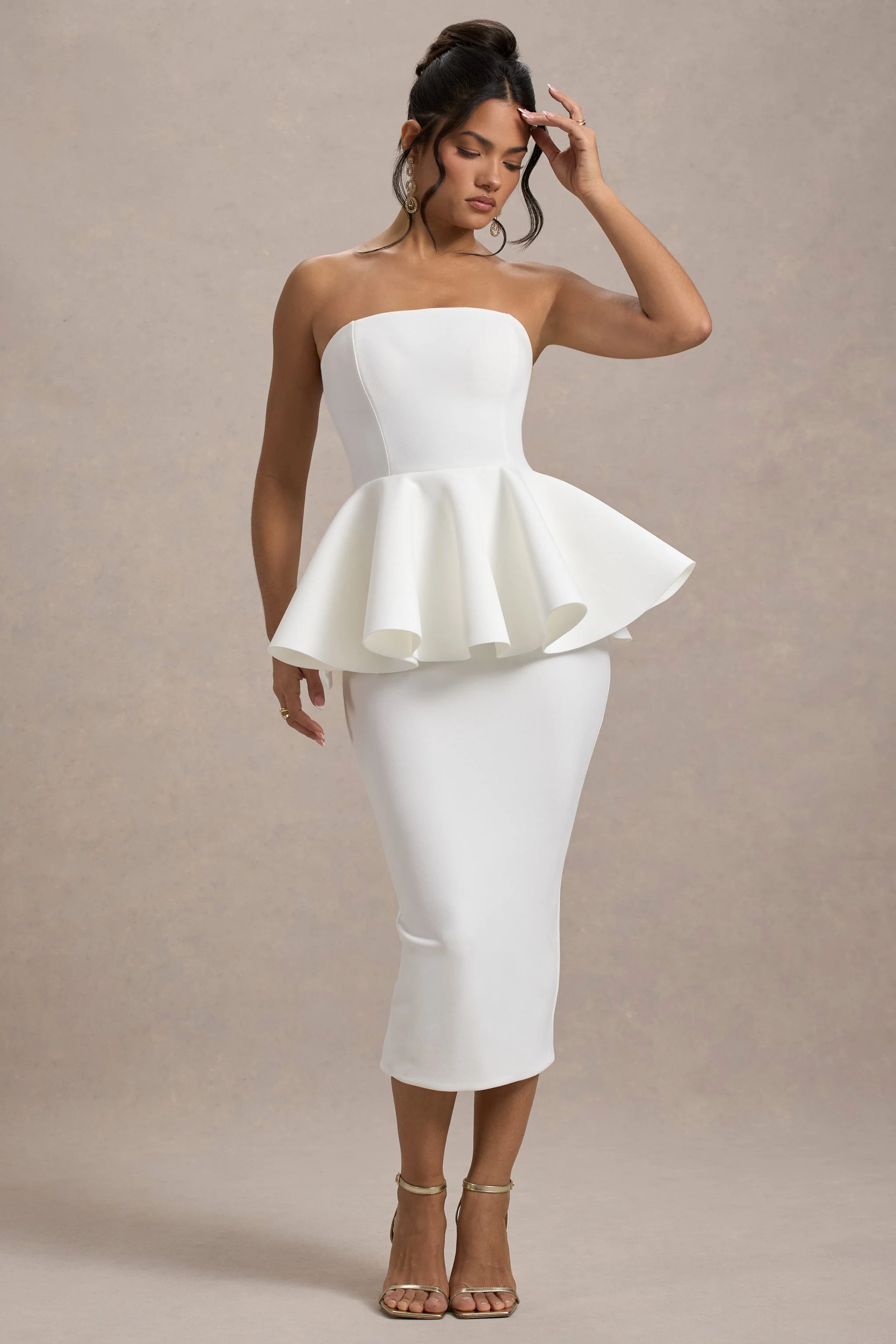 White Bandeau Peplum Midi Dress