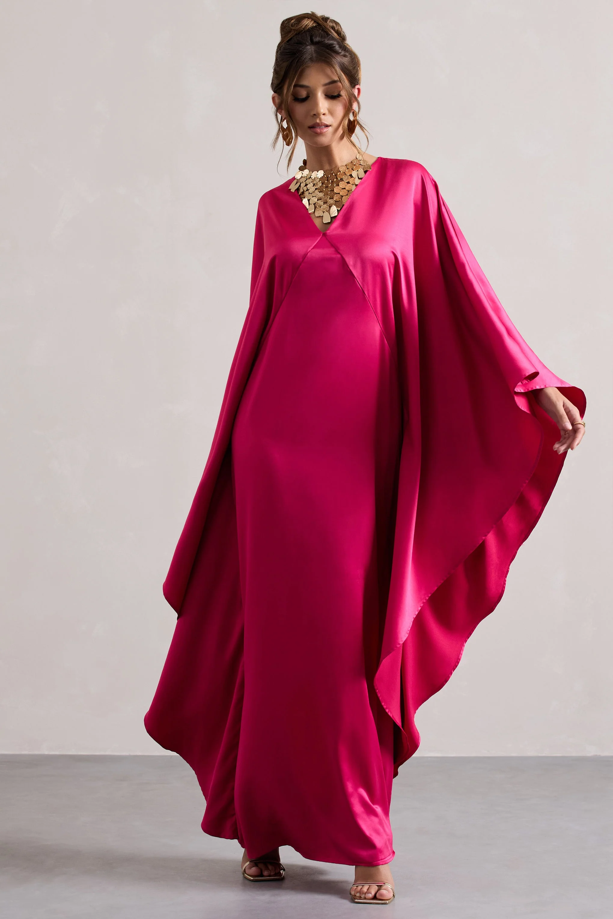Hot Pink Satin Plunge Cape Maxi Dress