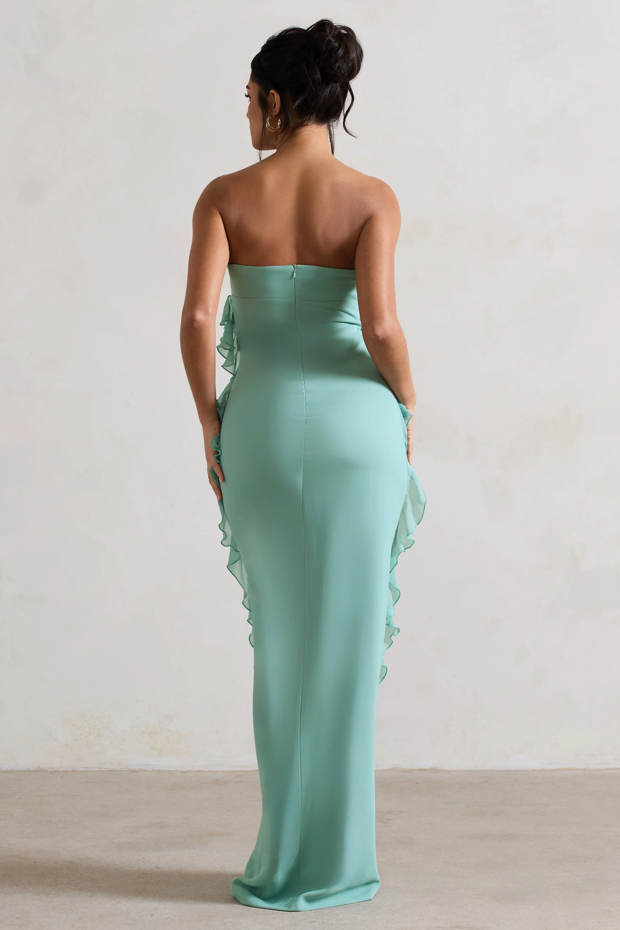 Mint Green Strapless Ruffle Maxi Dress With Corsage