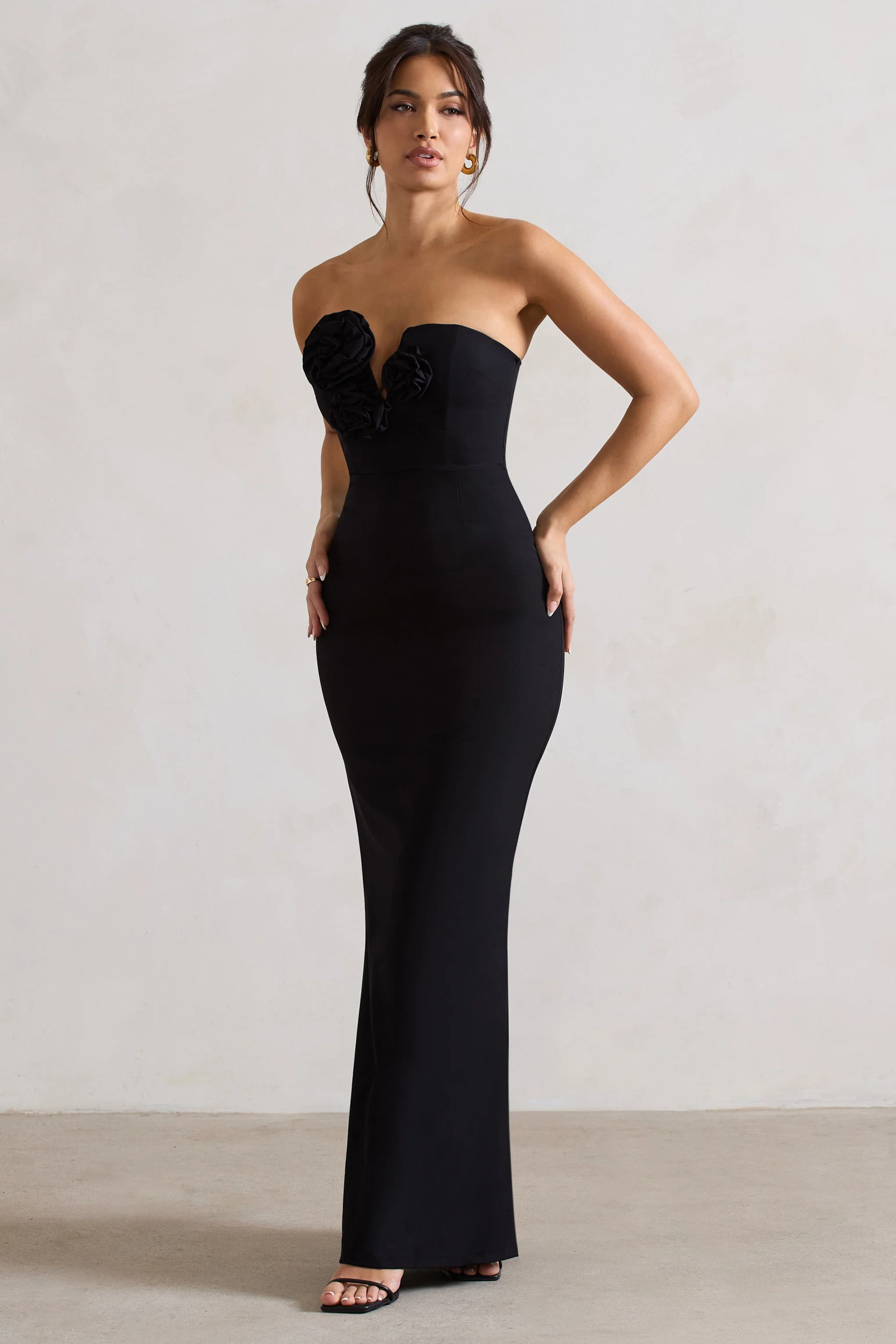 Black Strapless V-Neck Maxi Dress With Flowers
