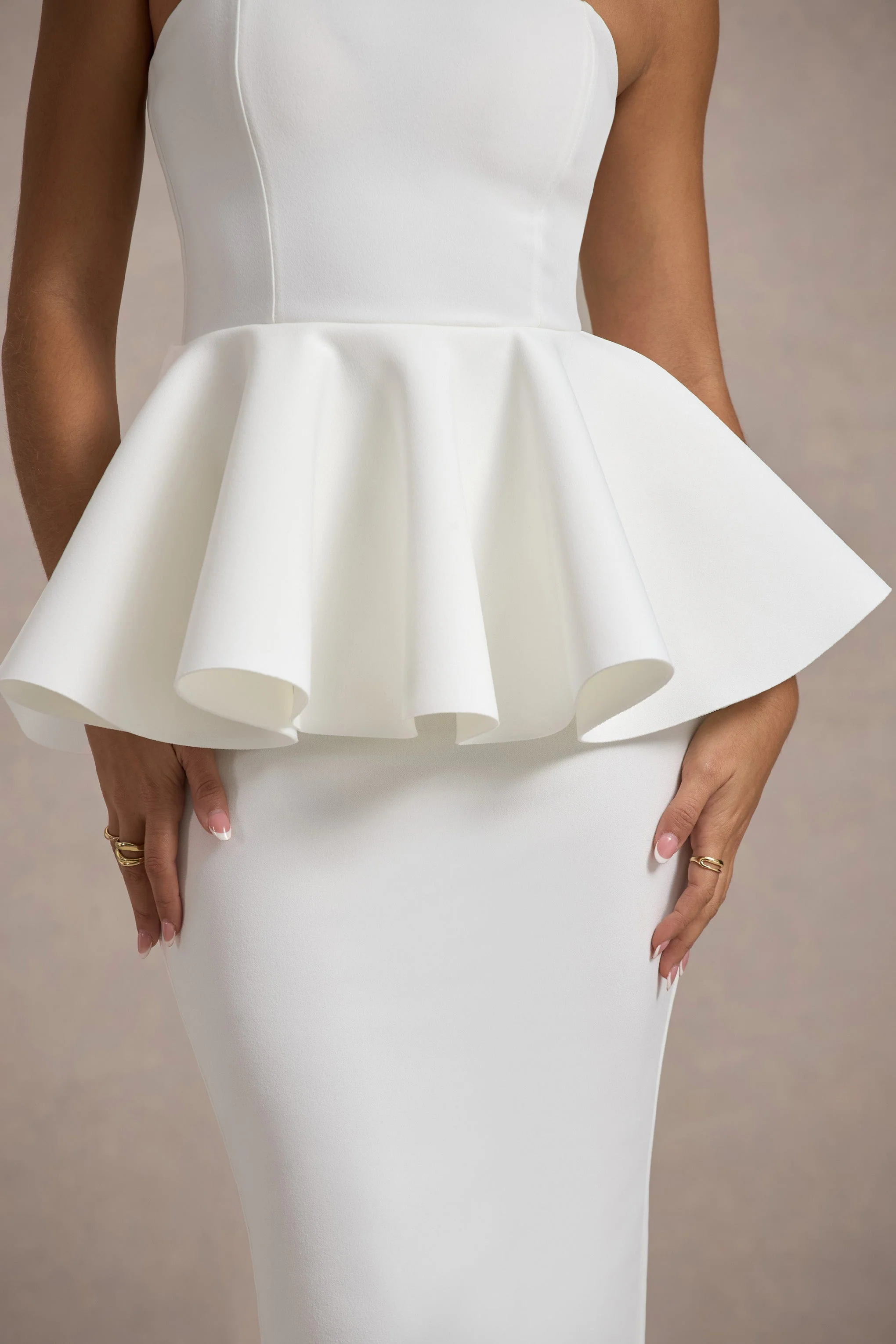 White Bandeau Peplum Midi Dress