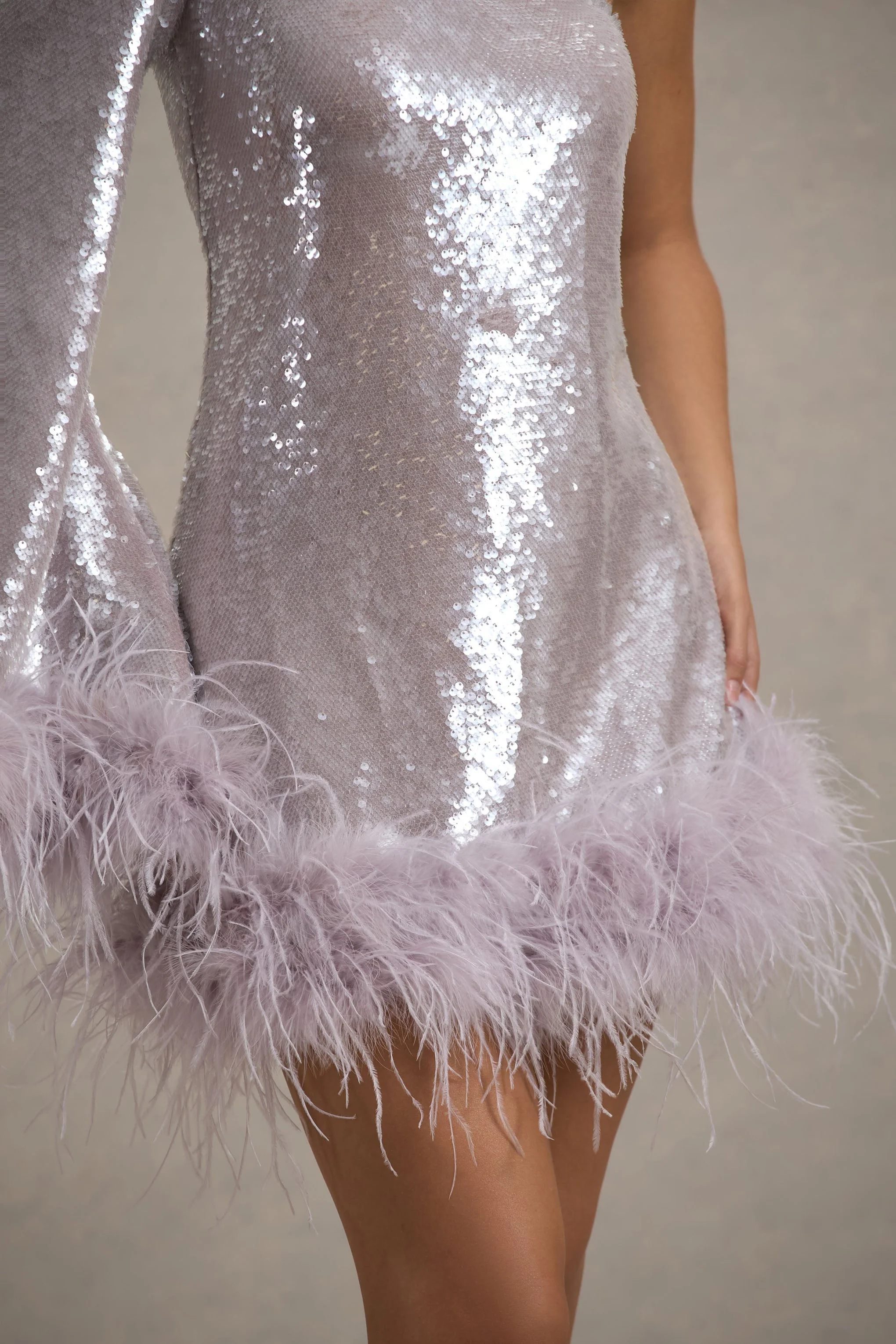 Lilac Sequin One-Shoulder Feather Trim Mini Dress