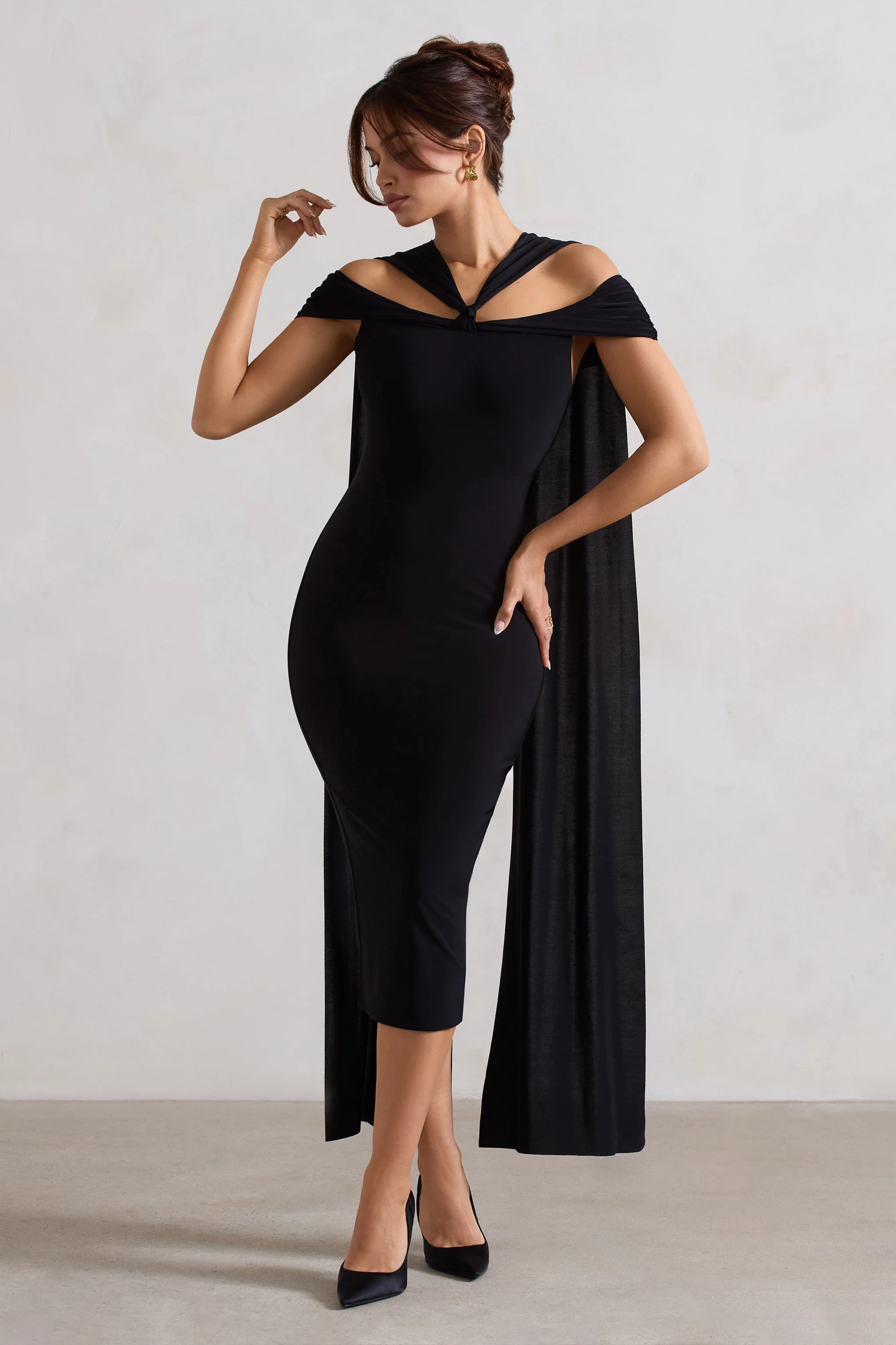Black Strappy Midi Dress With Drape