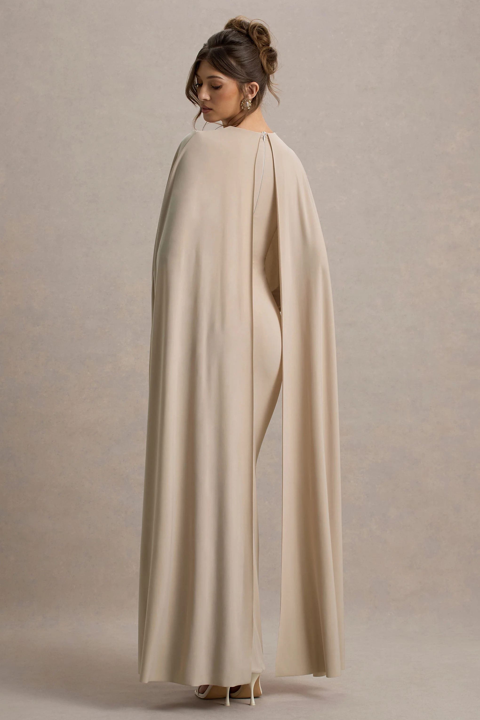 Champagne Draped Maxi Dress With Cape Sleeves