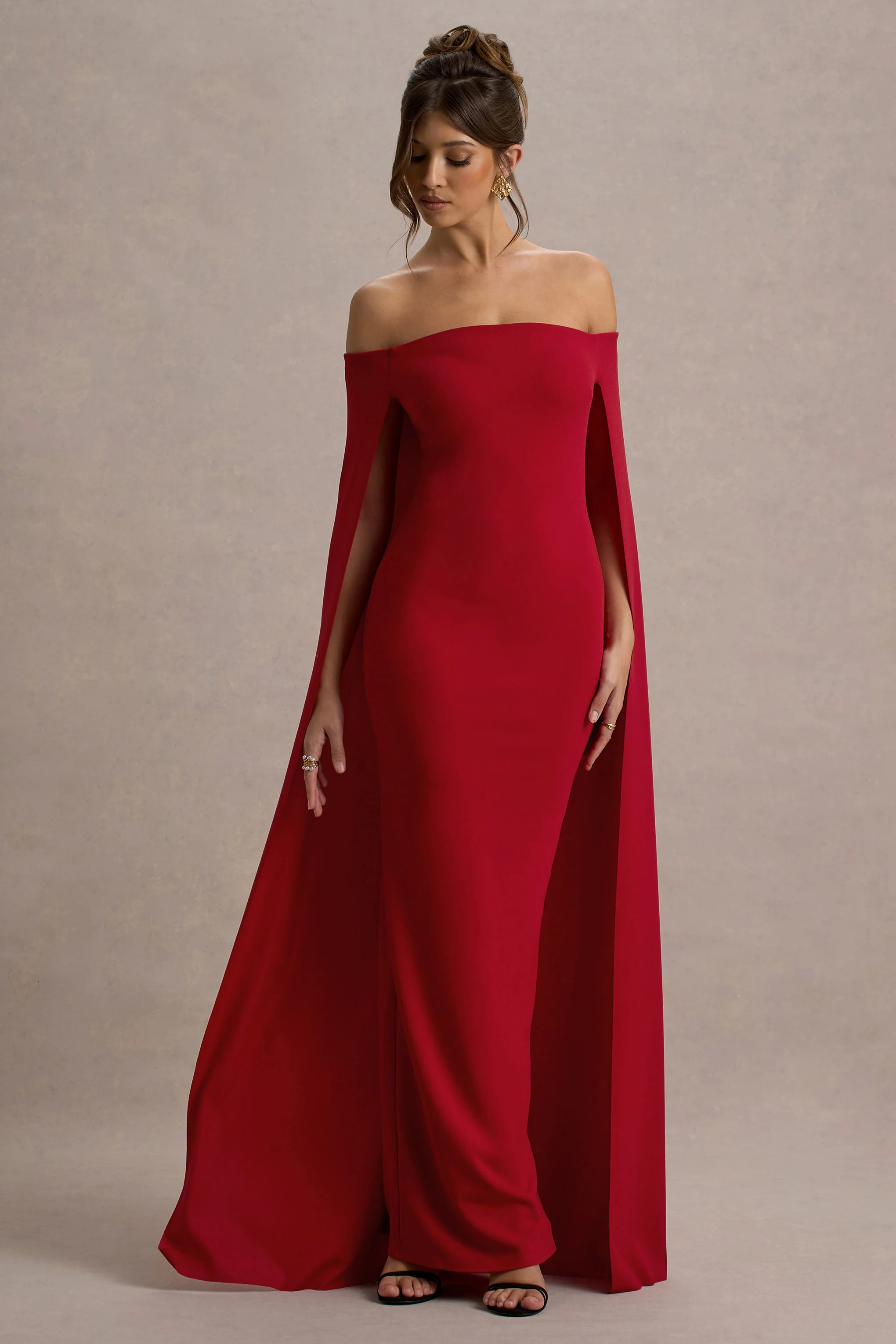 Red Bardot Cape Maxi Dress