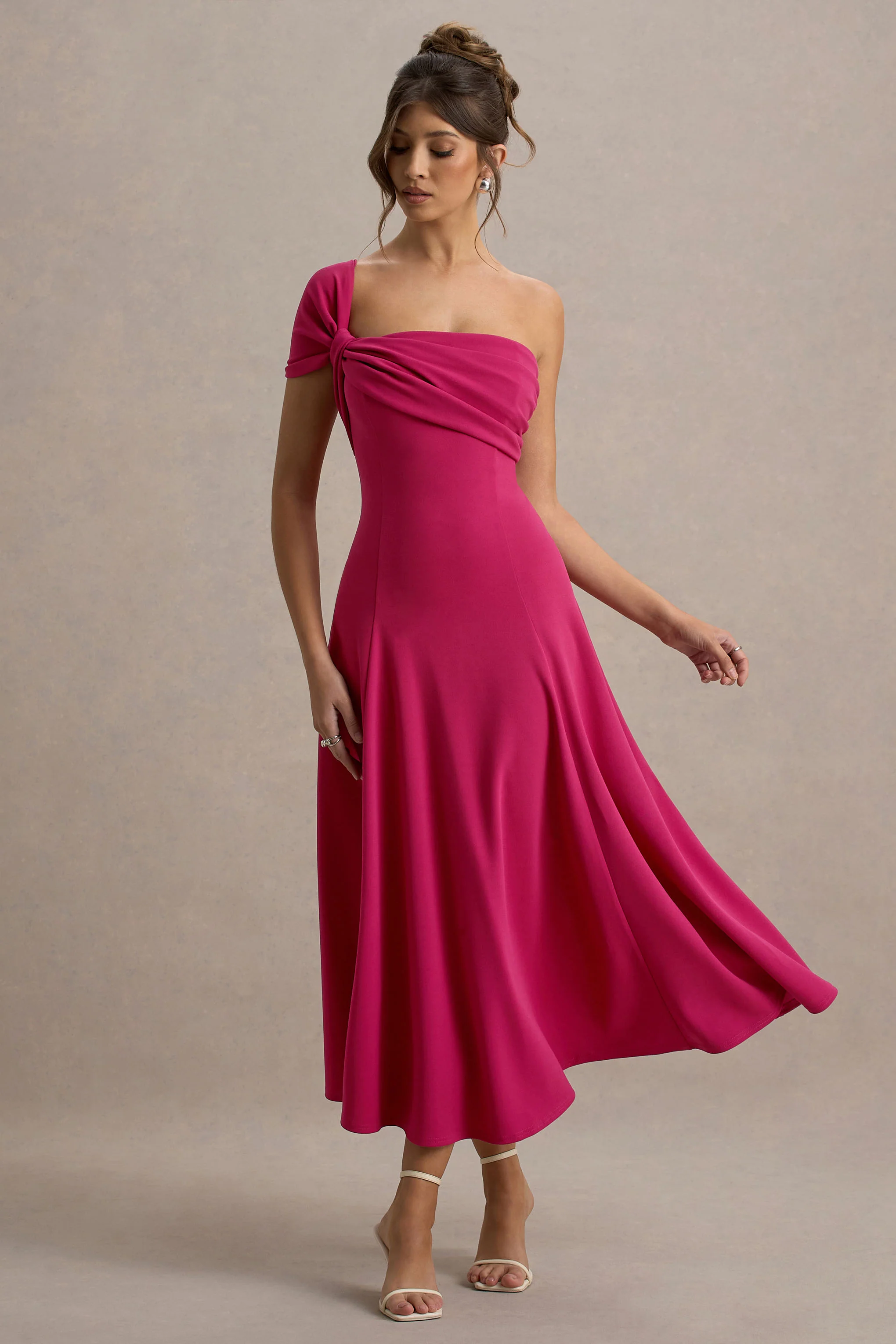 Hot Pink One-Shoulder Midi Dress