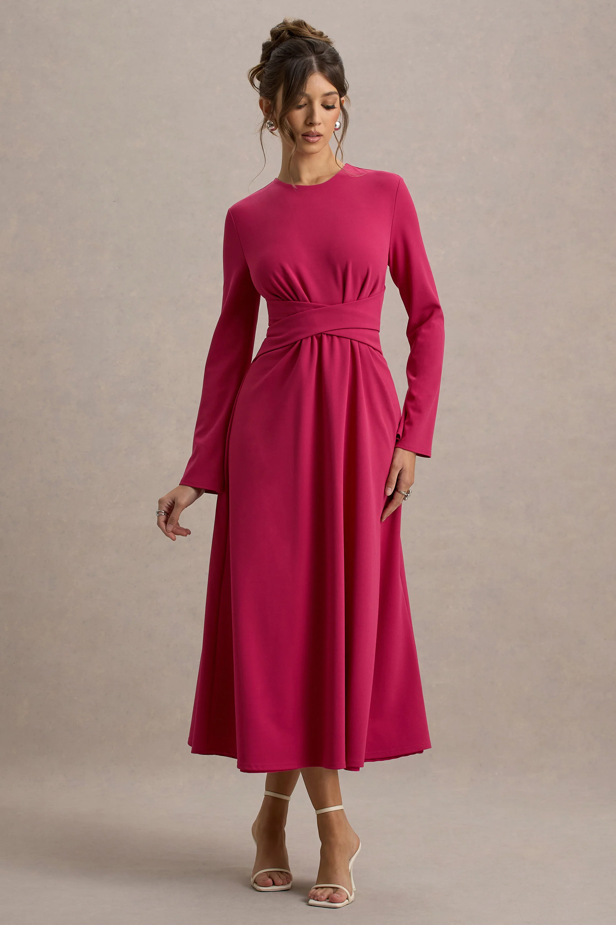 Lemon Long-Sleeve Midi Dress With Cross Waist