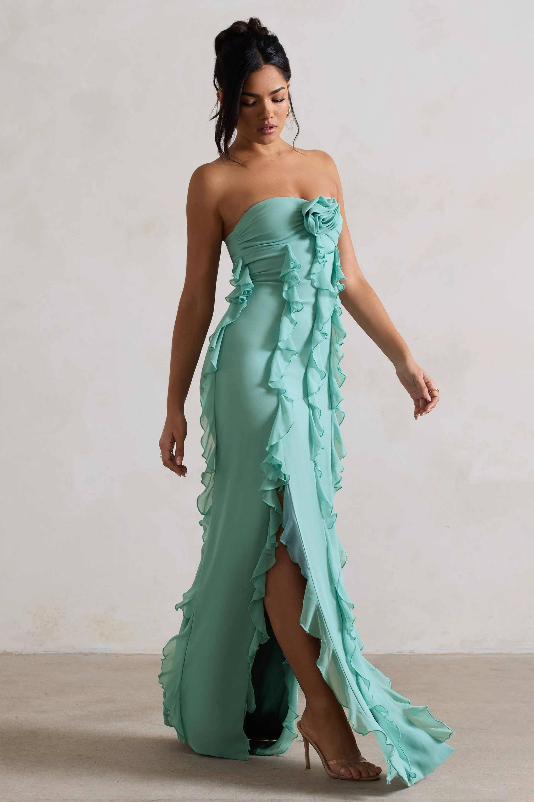 Mint Green Strapless Ruffle Maxi Dress With Corsage