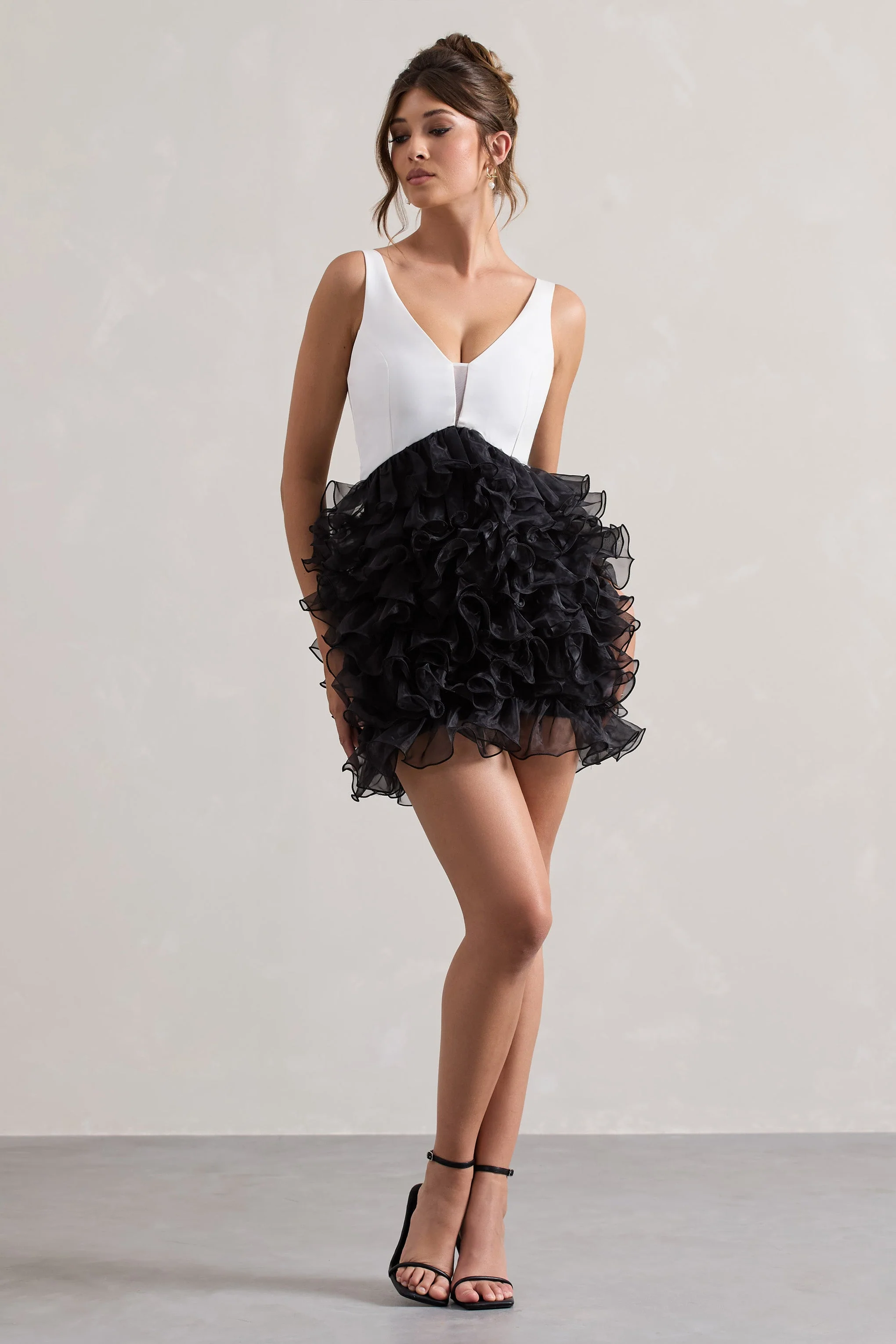 Black & White Plunge-Neck Mini Dress With Organza Skirt