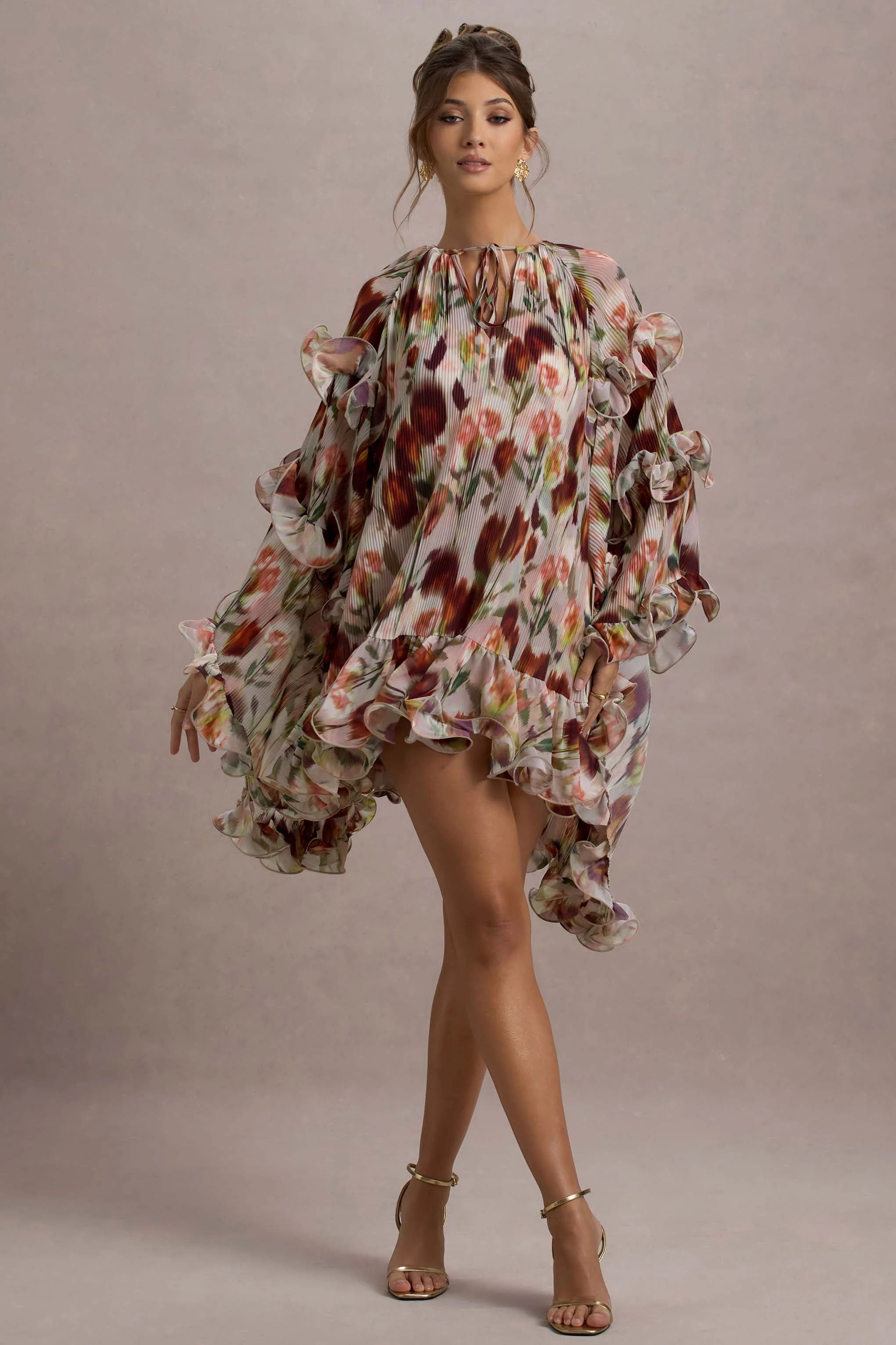 Cream Floral Print High-Neck Cape-Sleeve Chiffon Mini Dress