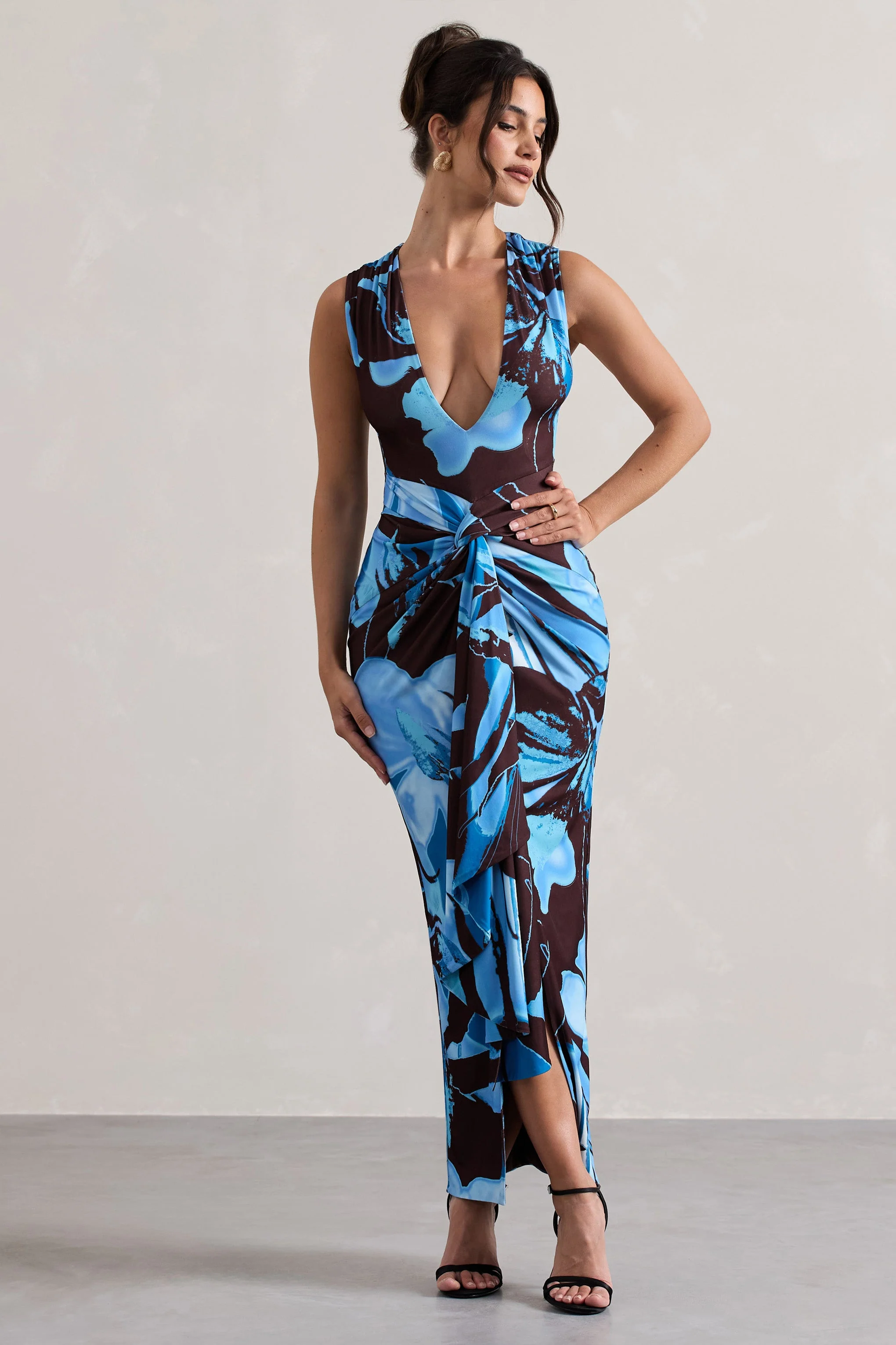 Floral Print Plunge-Neck Split Maxi Dress With Knot Detail