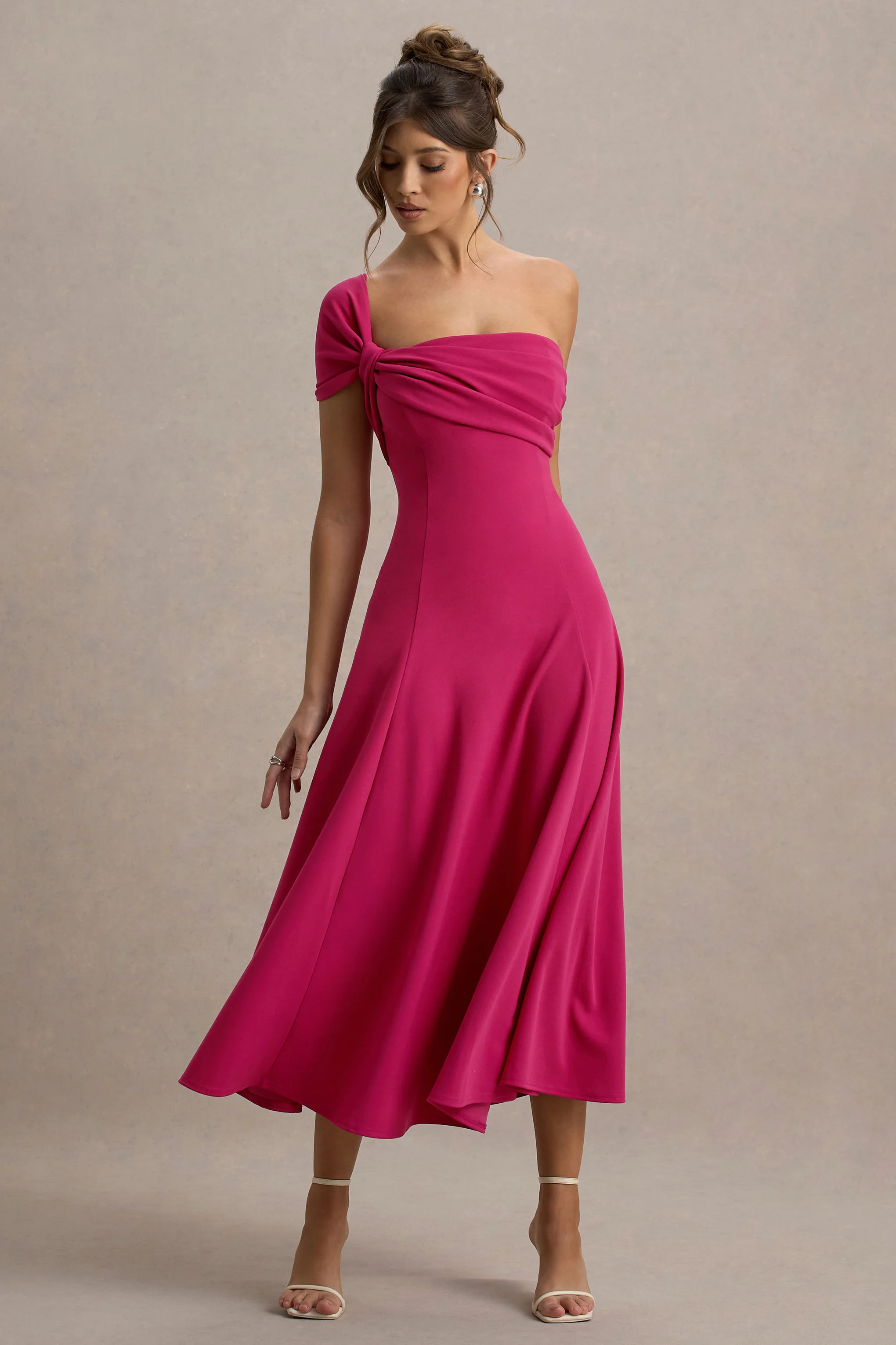 Hot Pink One-Shoulder Midi Dress