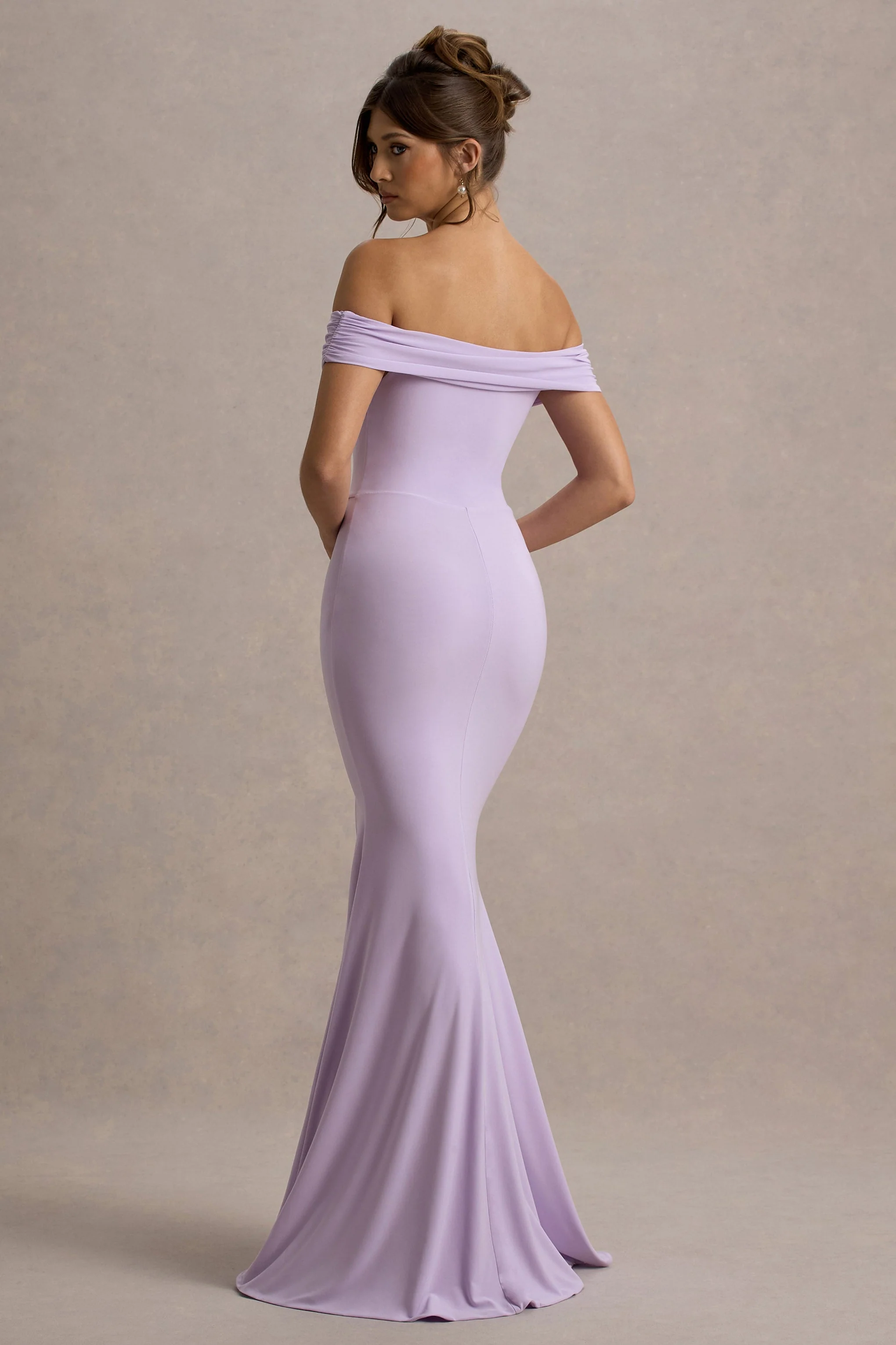 Lilac Bardot Draped Split Maxi Dress