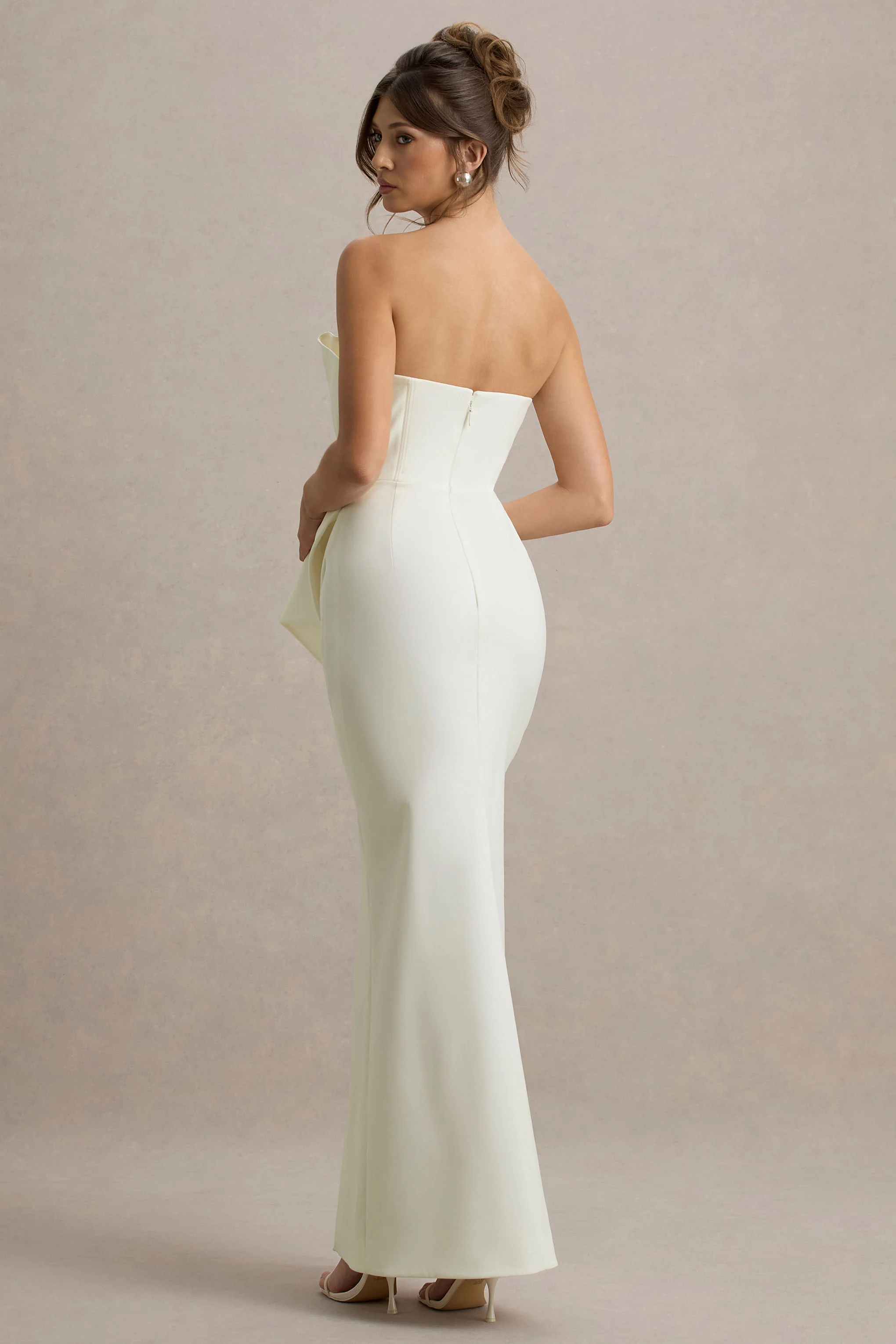 Cream Strapless Ruffle Split Maxi Dress