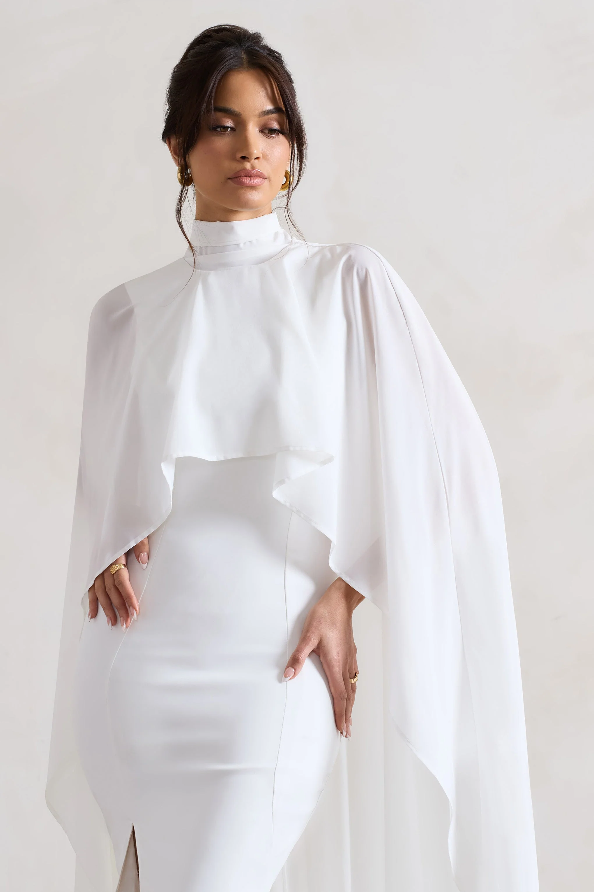 Cream Fishtail Split Maxi Dress With Chiffon Cape