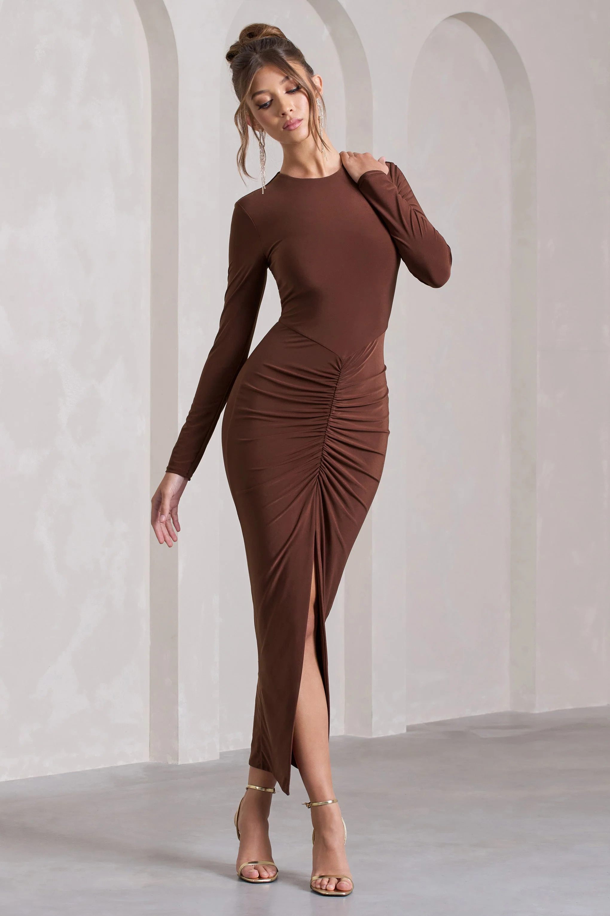Chocolate Ruched Long-Sleeve Split Maxi Dress