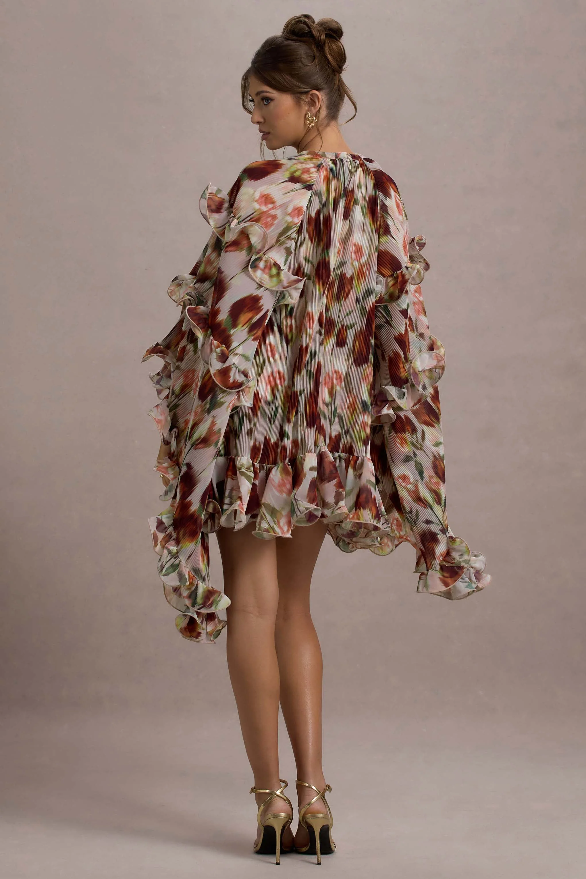 Cream Floral Print High-Neck Cape-Sleeve Chiffon Mini Dress
