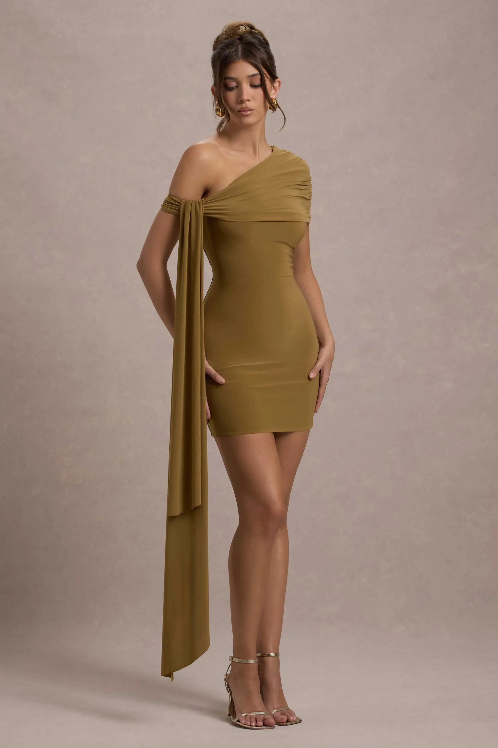Mustard One-Shoulder Mini Dress With Drape