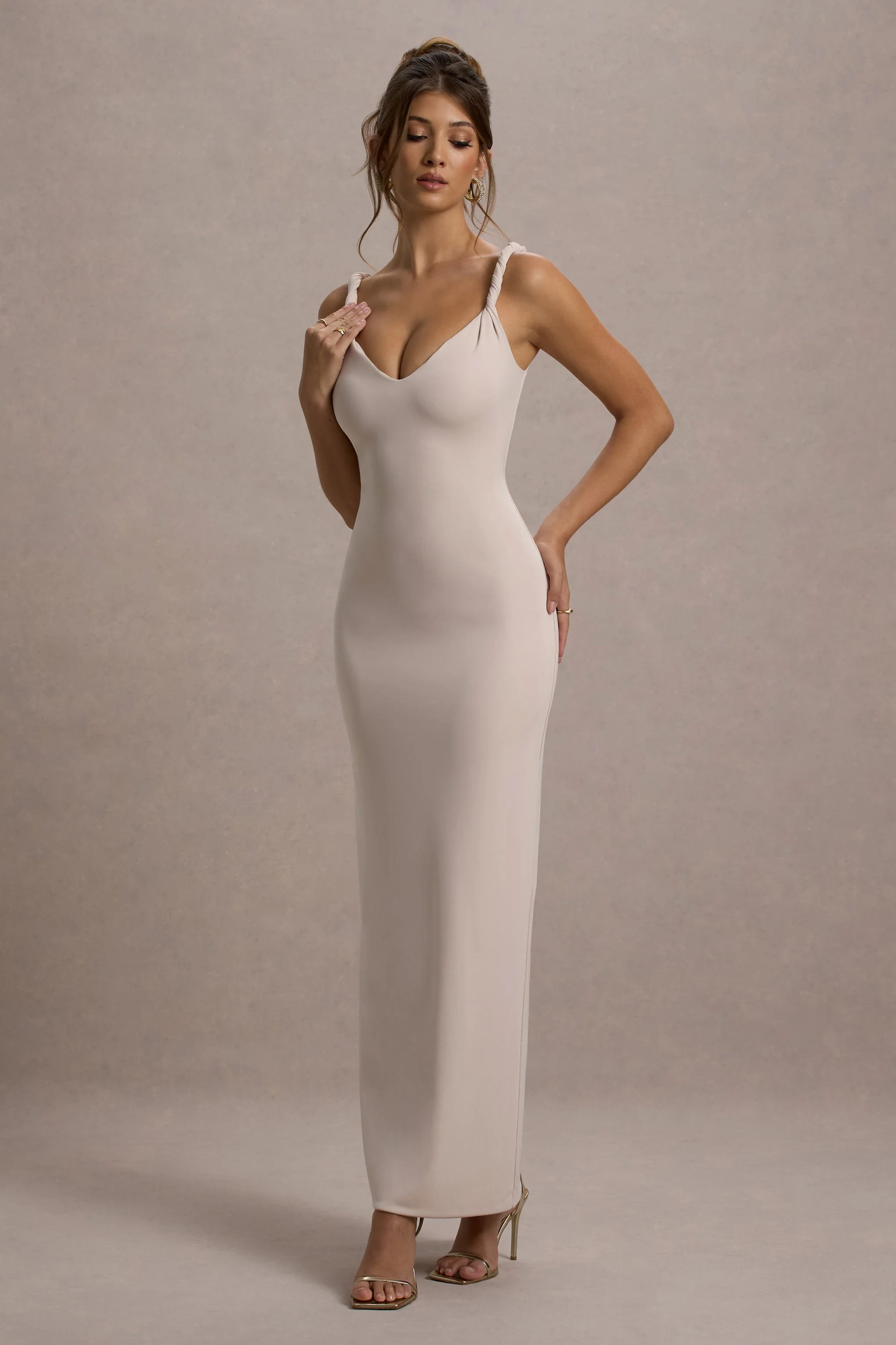 Champagne Twist-Neck Maxi Dress