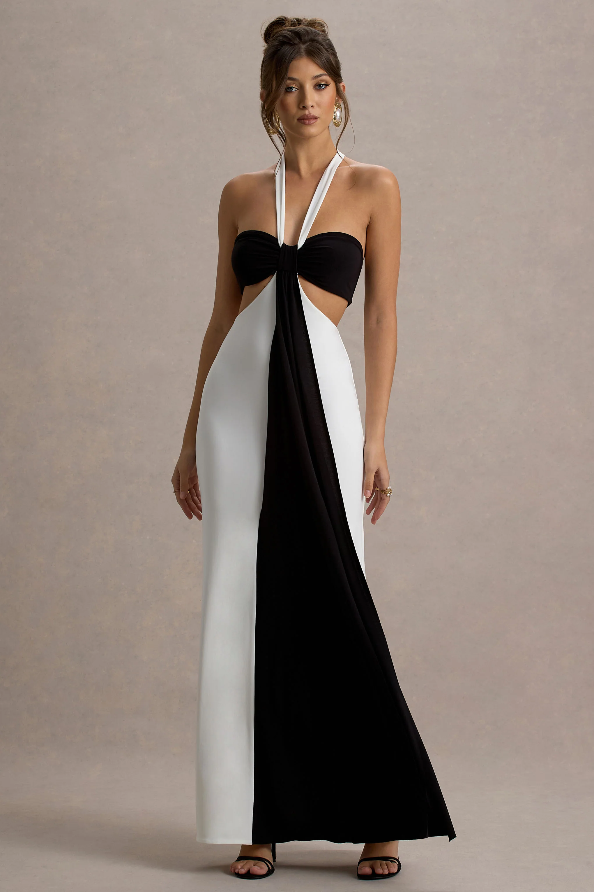 Black & White Halter-Neck Cut-Out Maxi Dress