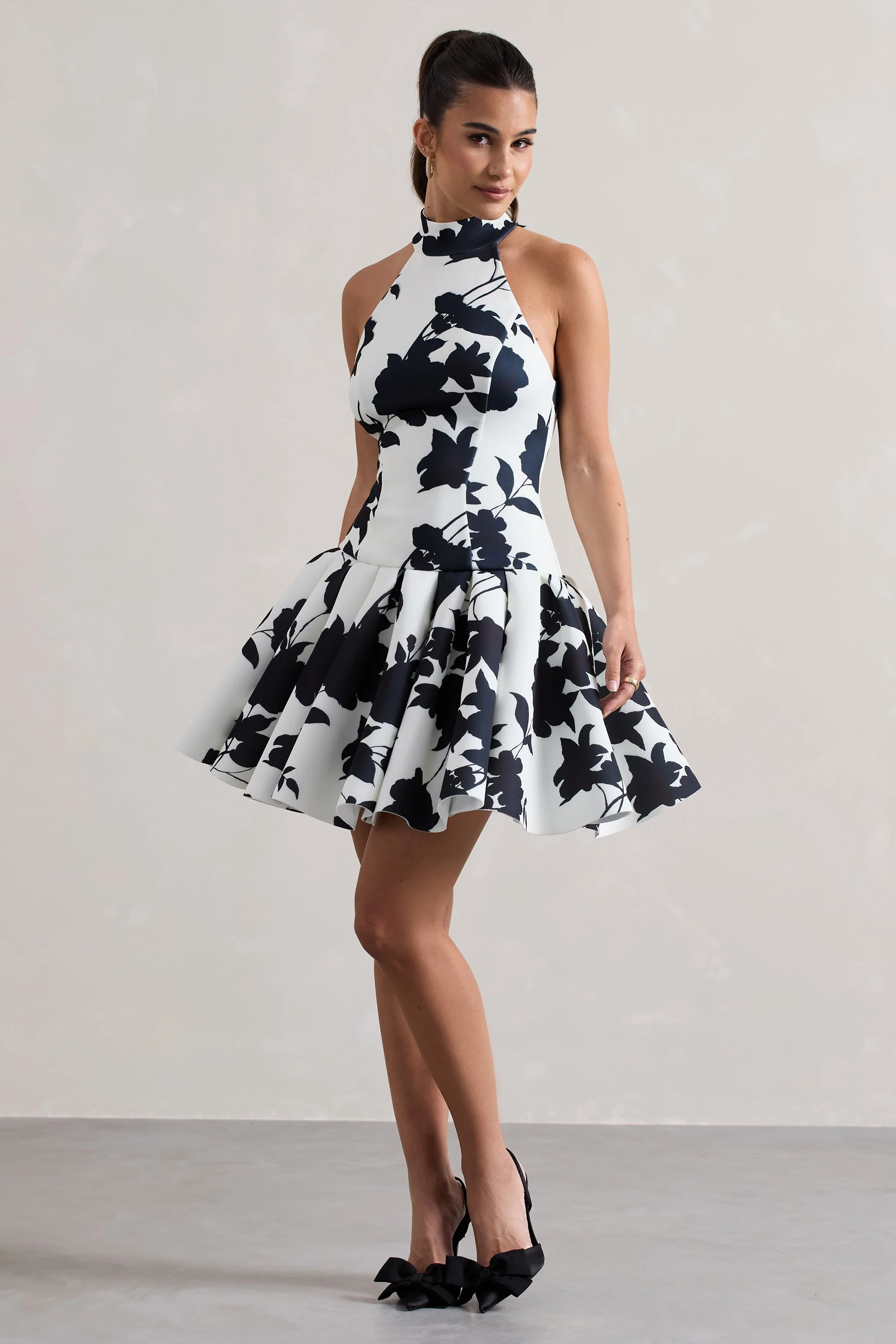 Cream Floral Print High-Neck Mini Dress With Volume Hem