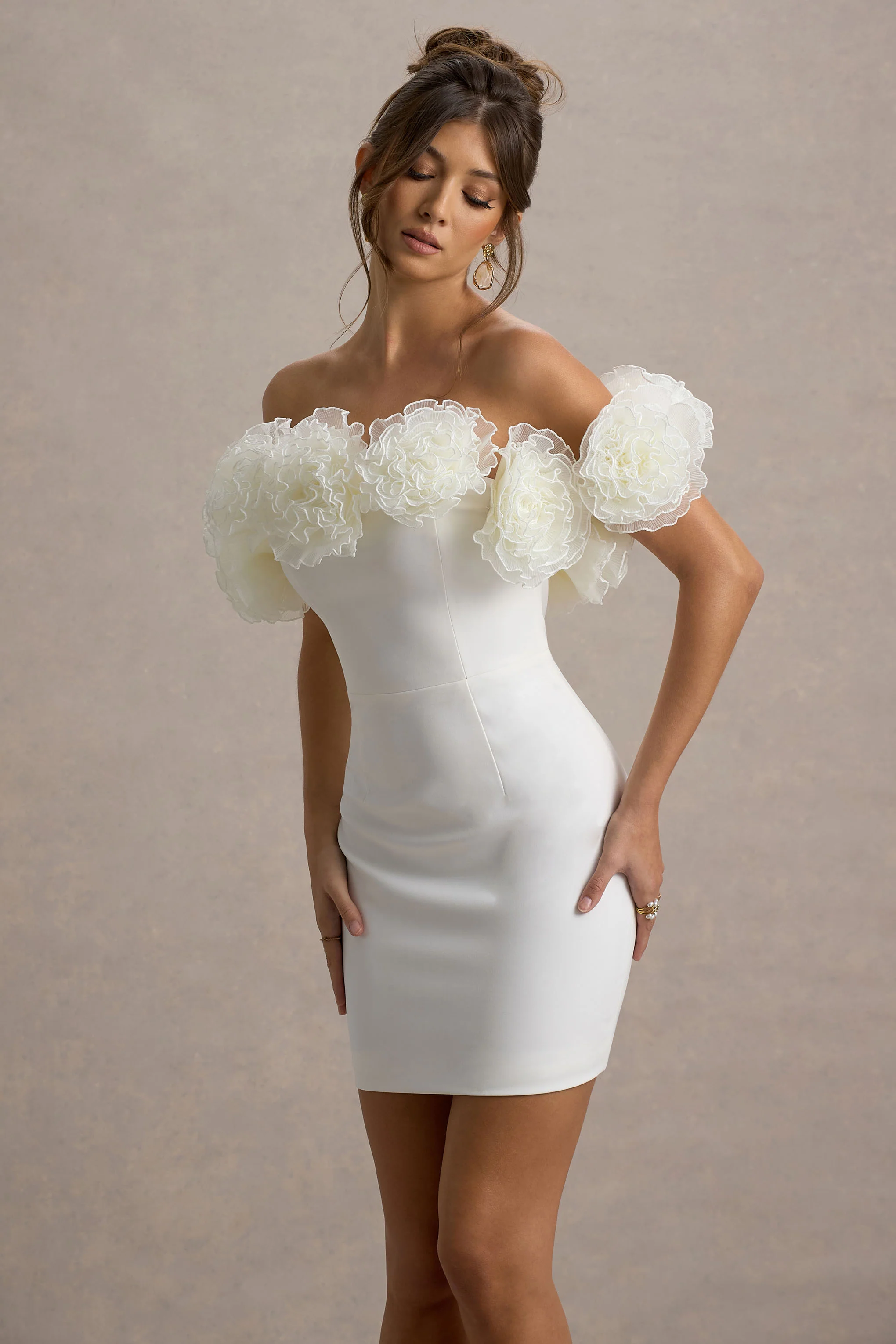 White Bardot Mini Dress With Ruffle Trim