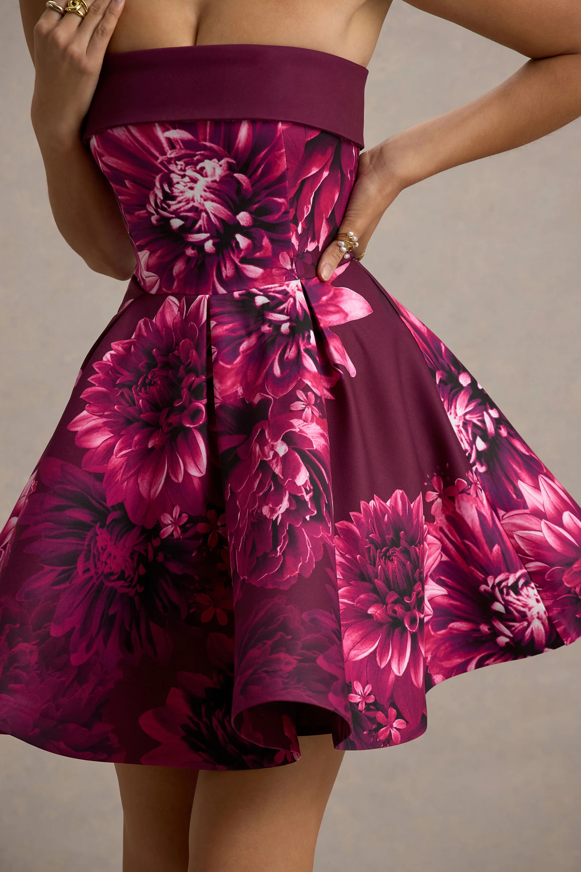 Pink Floral Print Bandeau Skater Mini Dress