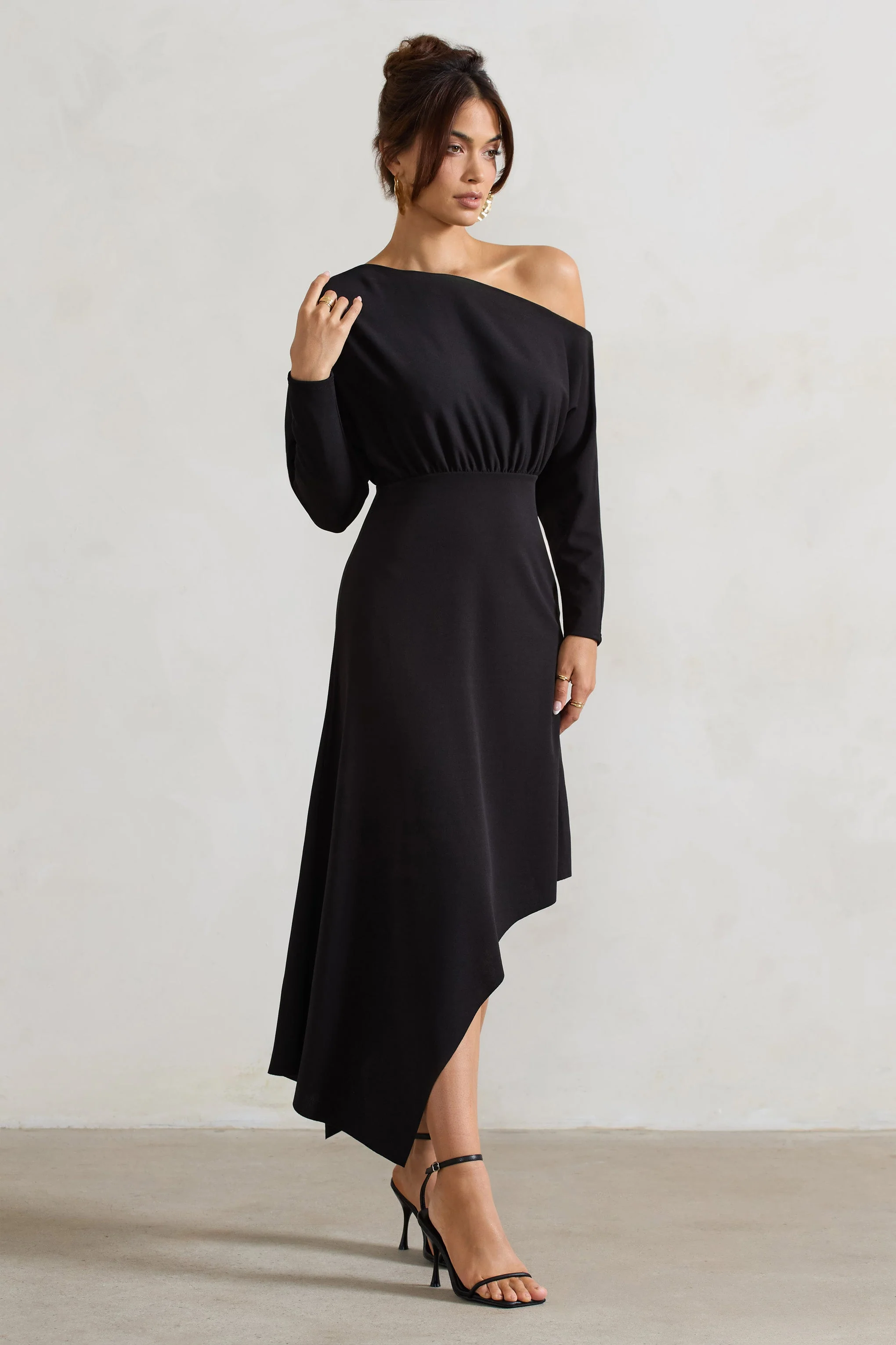 Black Asymmetric Long-Sleeve Maxi Dress